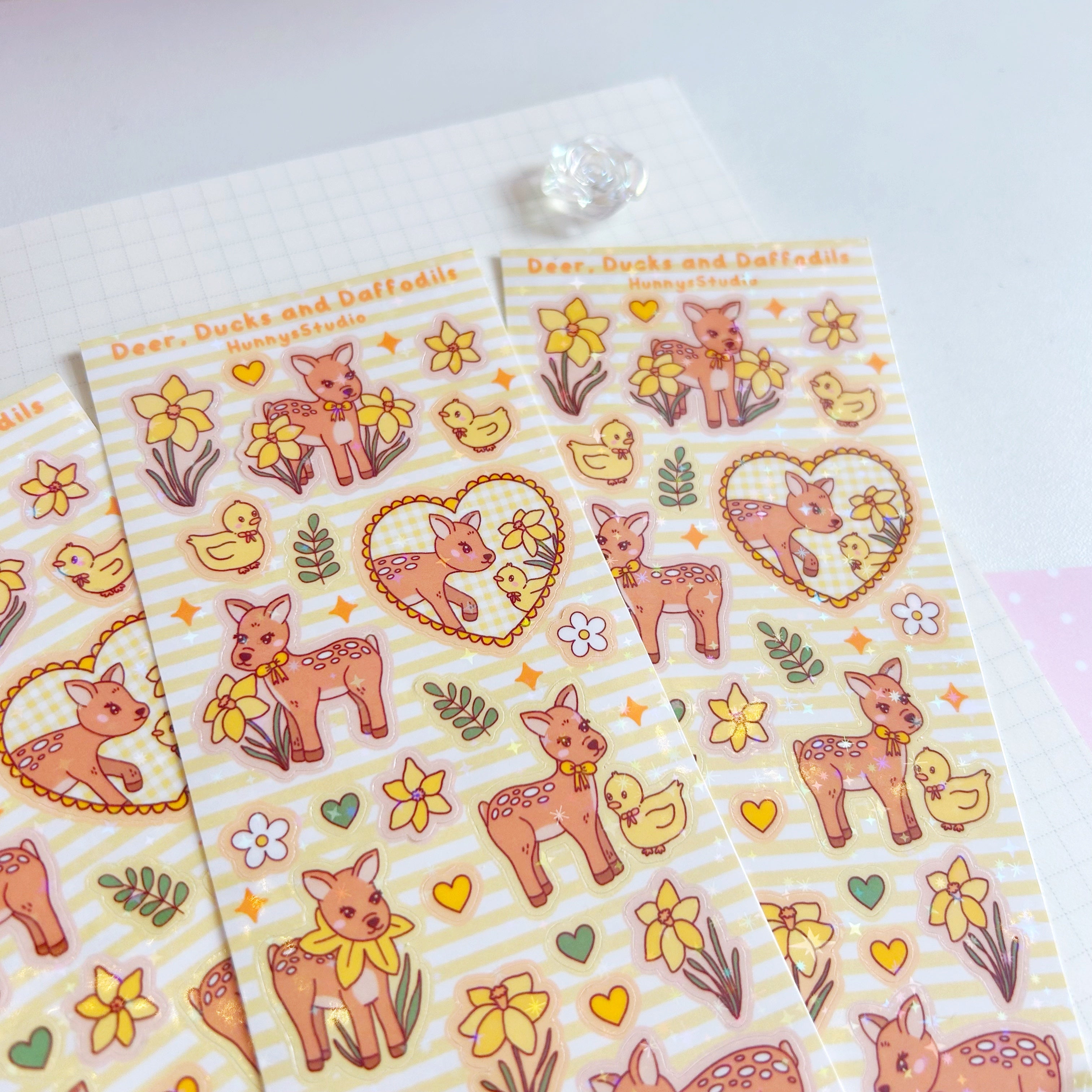 Deer, ducks and daffodils vinyl holographic sticker sheet