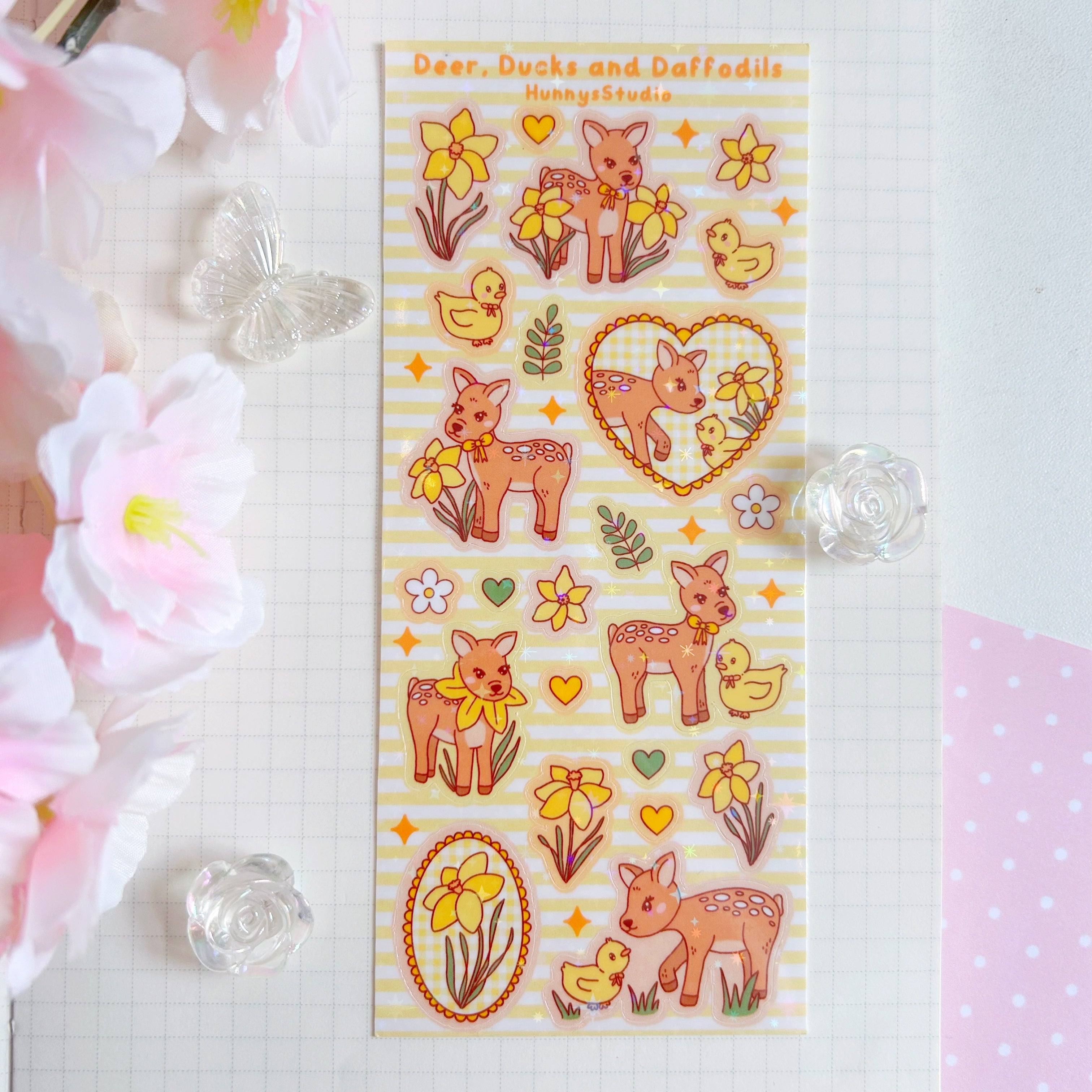 Deer, ducks and daffodils vinyl holographic sticker sheet