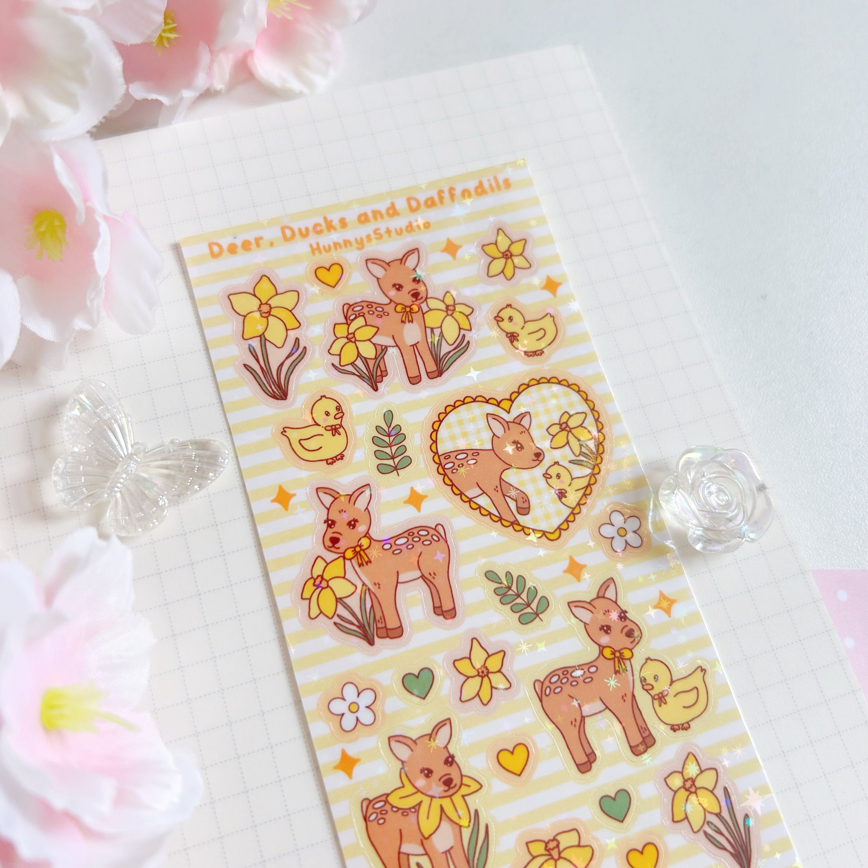 Deer, ducks and daffodils vinyl holographic sticker sheet