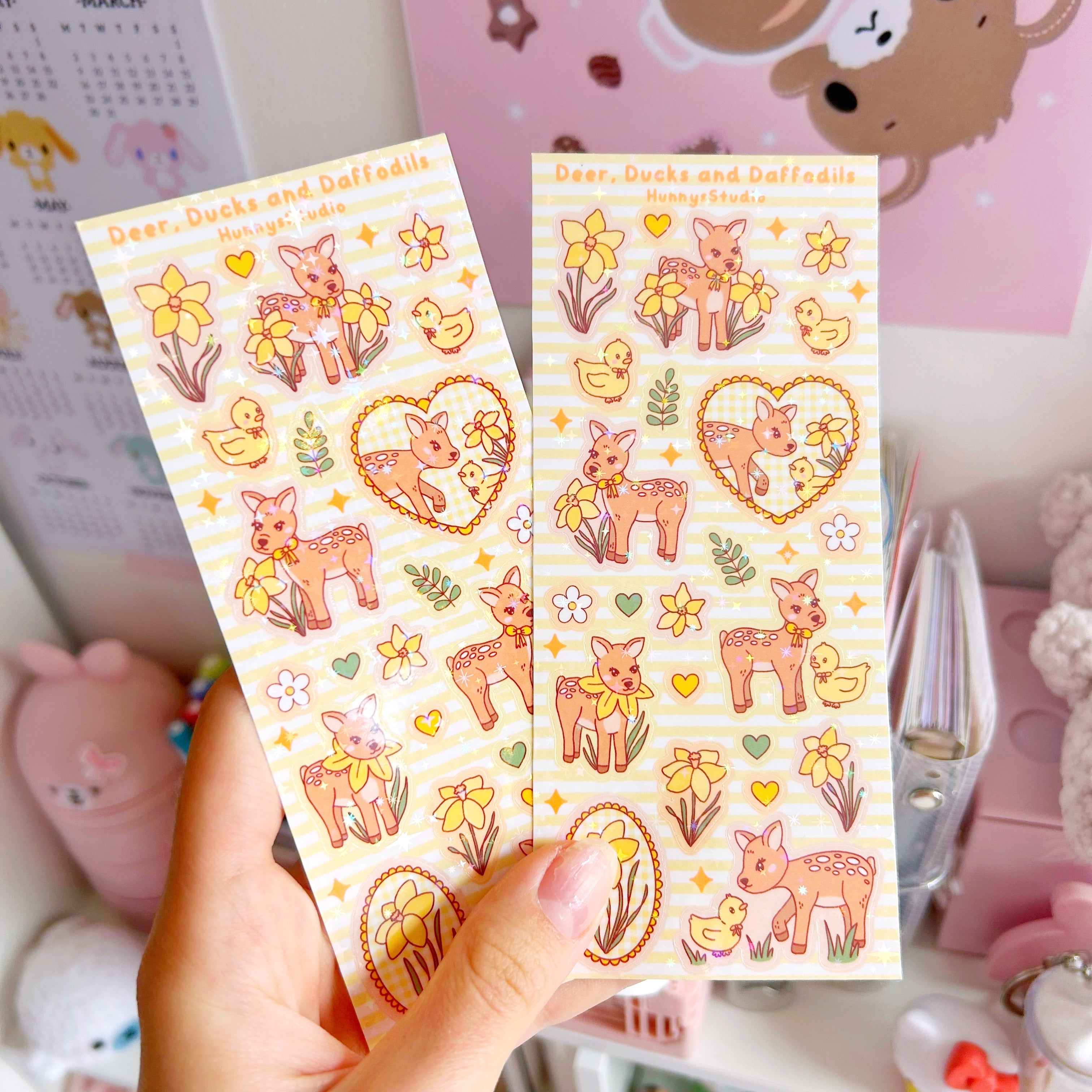 Deer, ducks and daffodils vinyl holographic sticker sheet