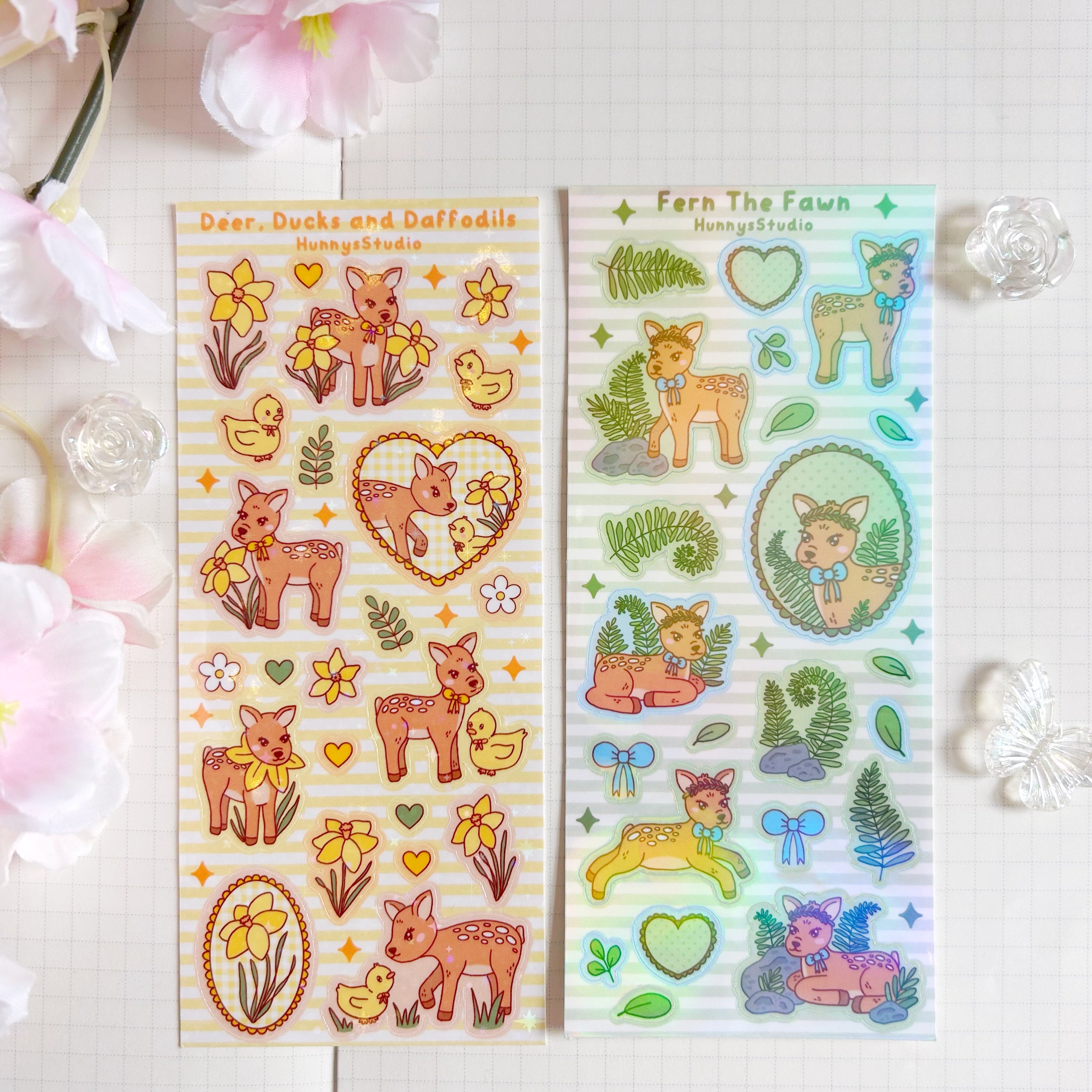 Deer, ducks and daffodils vinyl holographic sticker sheet