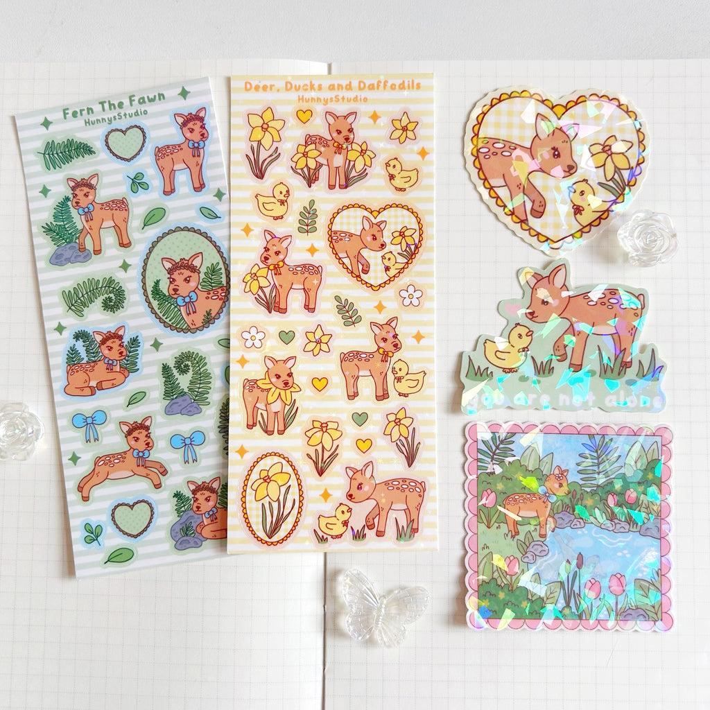Deer, ducks and daffodils vinyl holographic sticker sheet