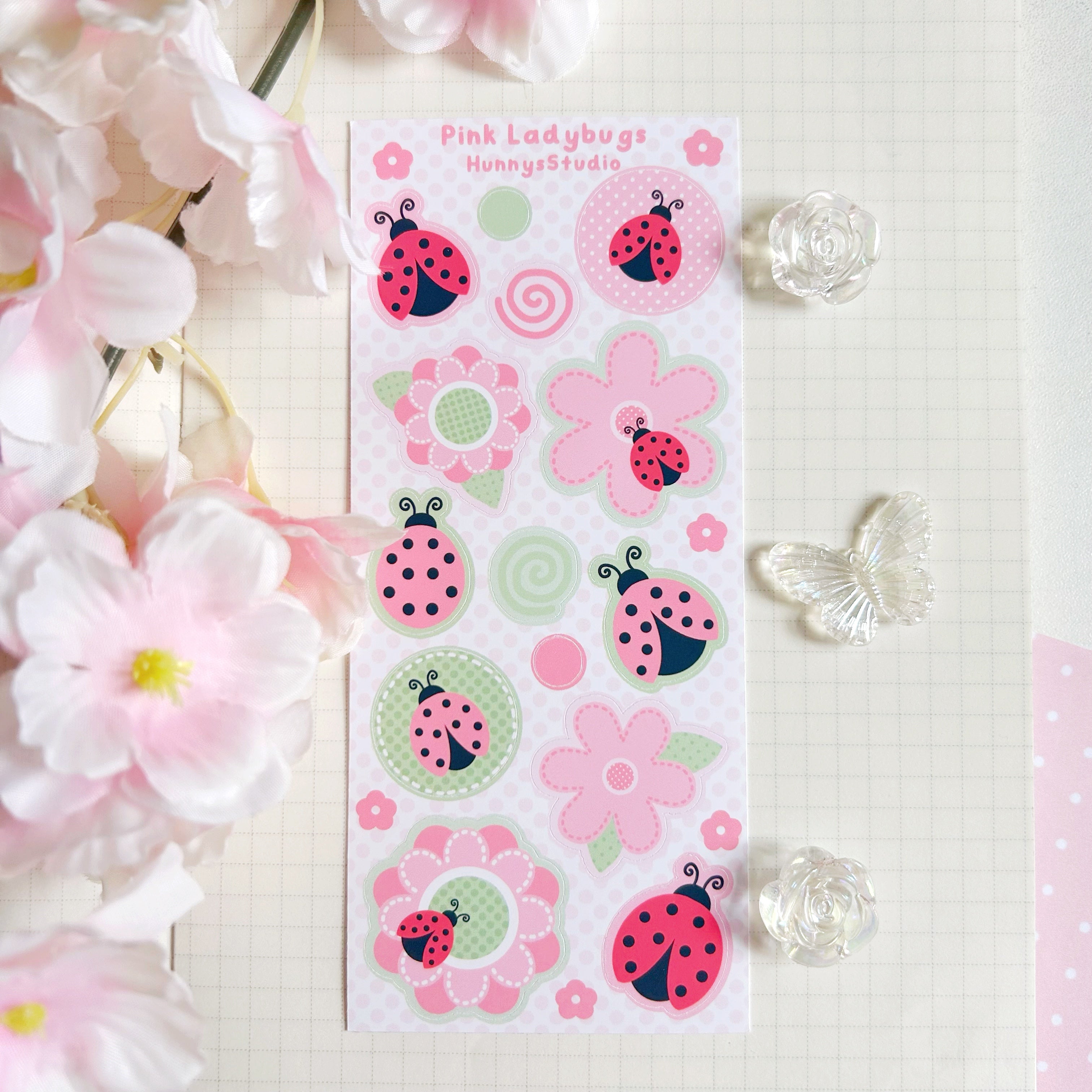 Pink Ladybugs vinyl sticker sheet