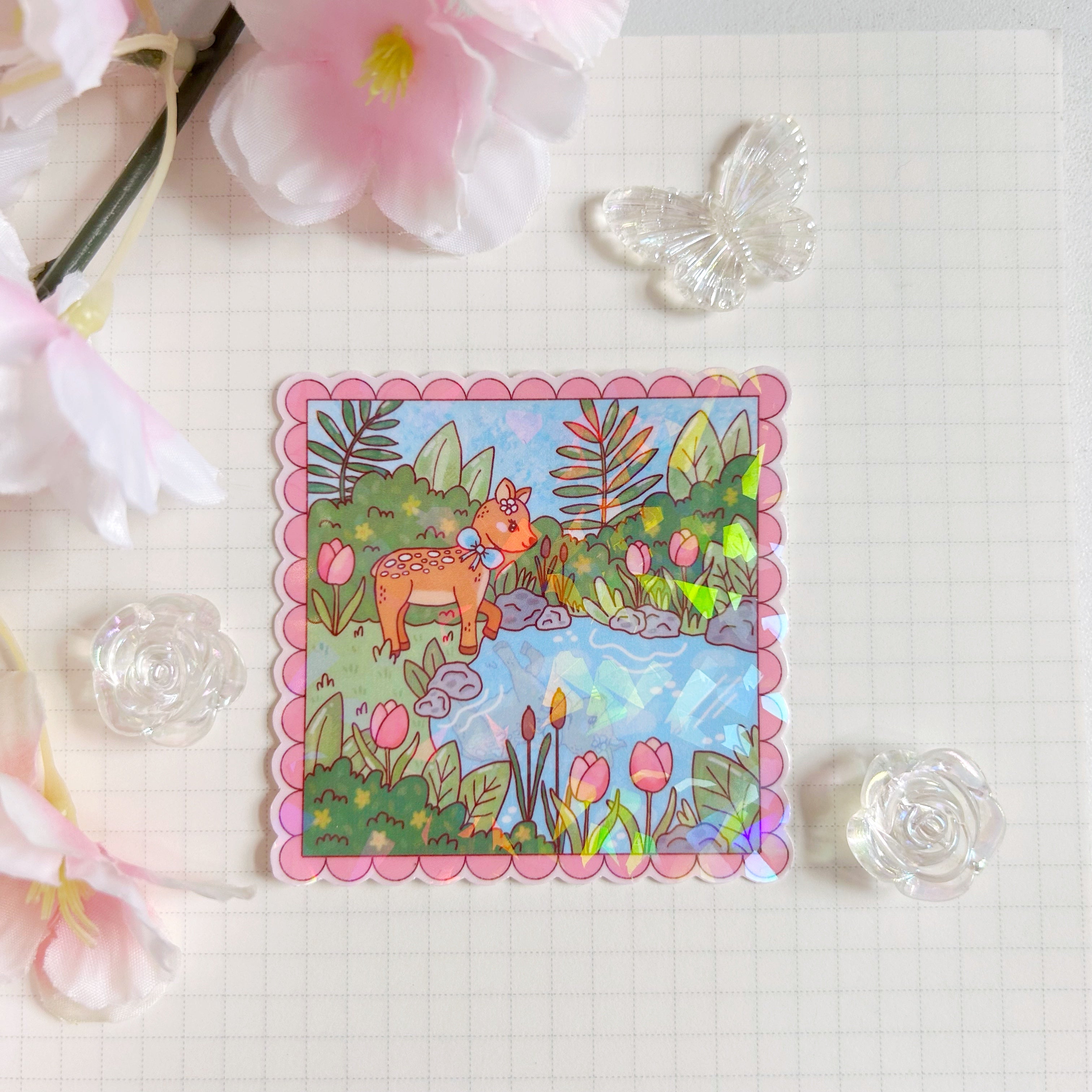 Fawn in nature die cut vinyl holographic sticker