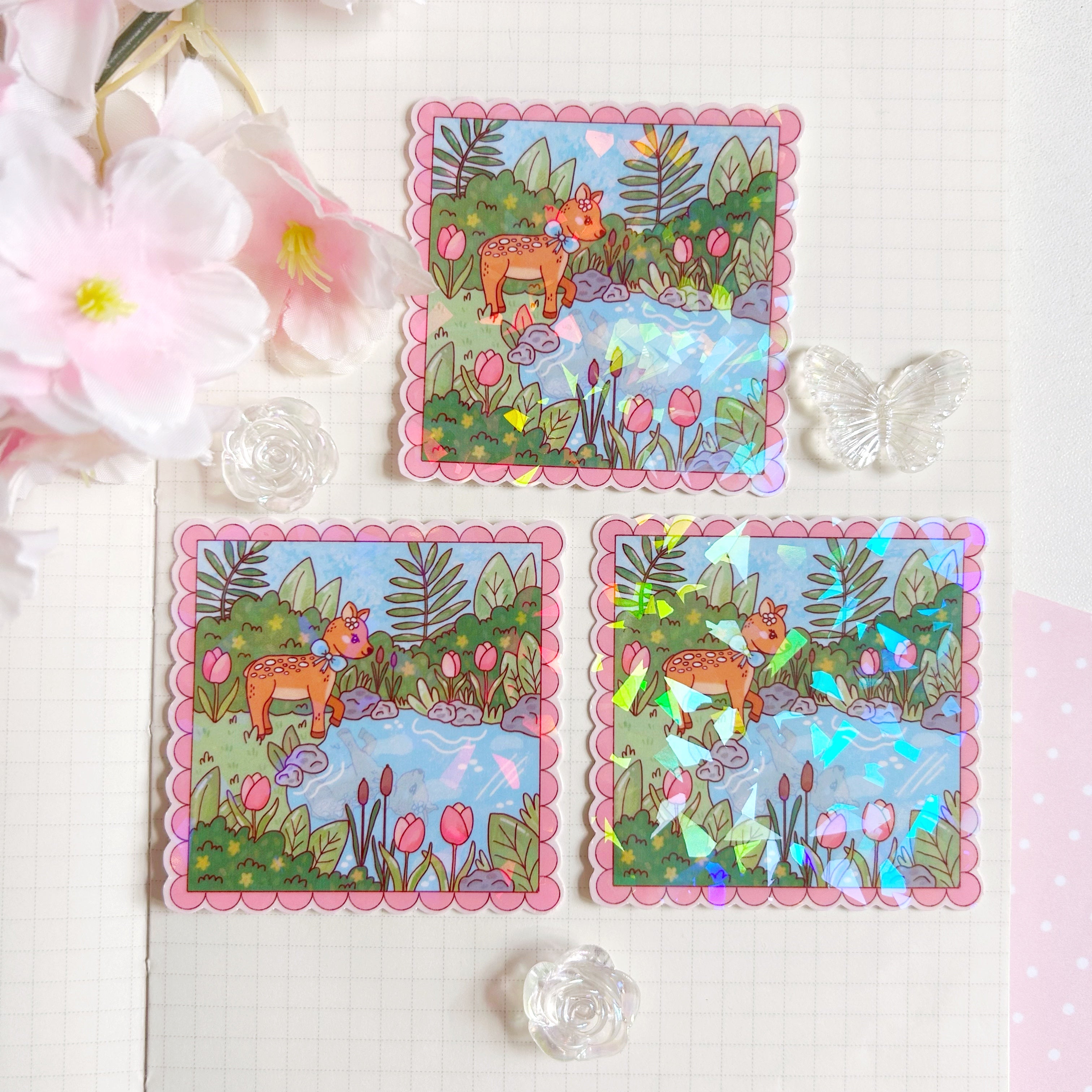 Fawn in nature die cut vinyl holographic sticker