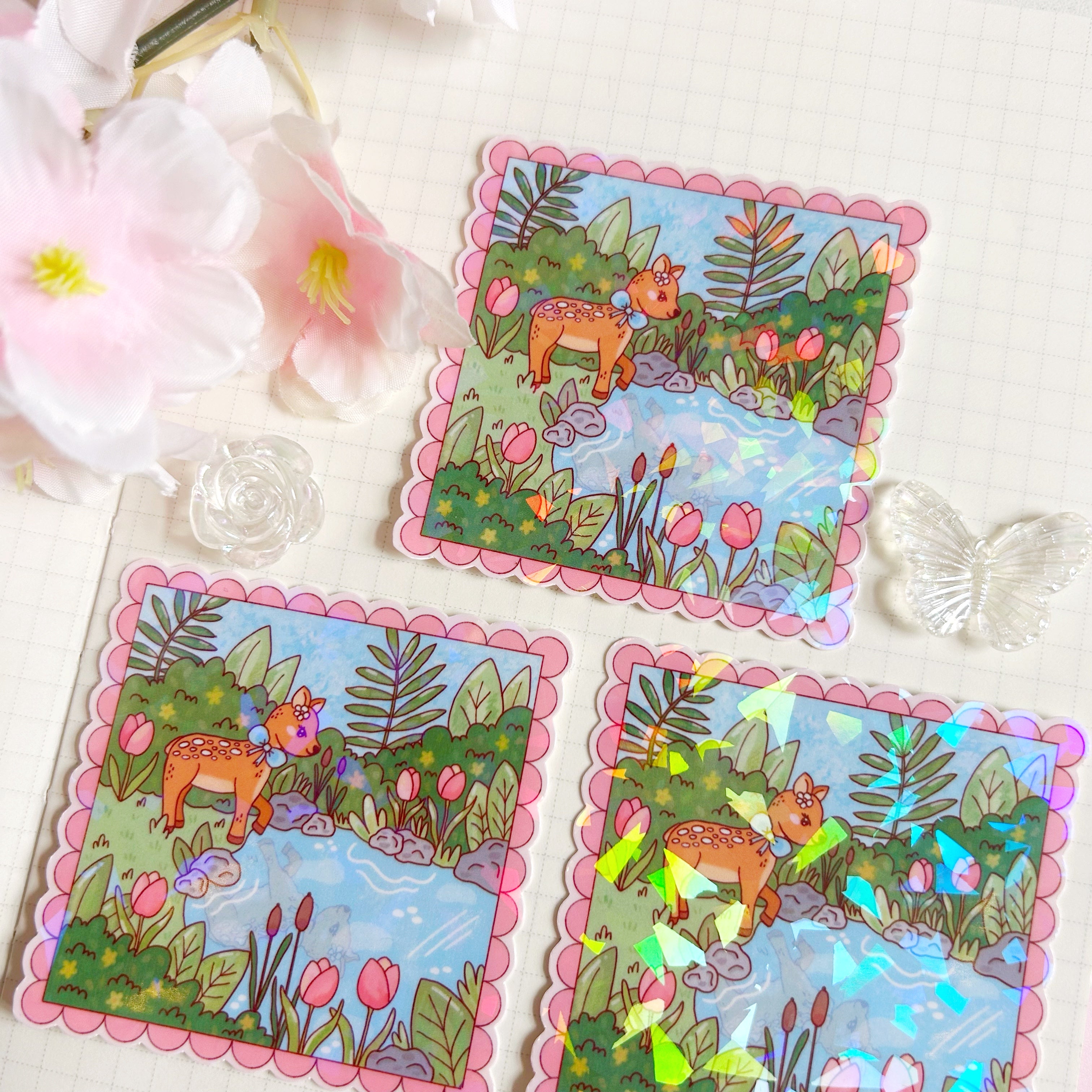 Fawn in nature die cut vinyl holographic sticker