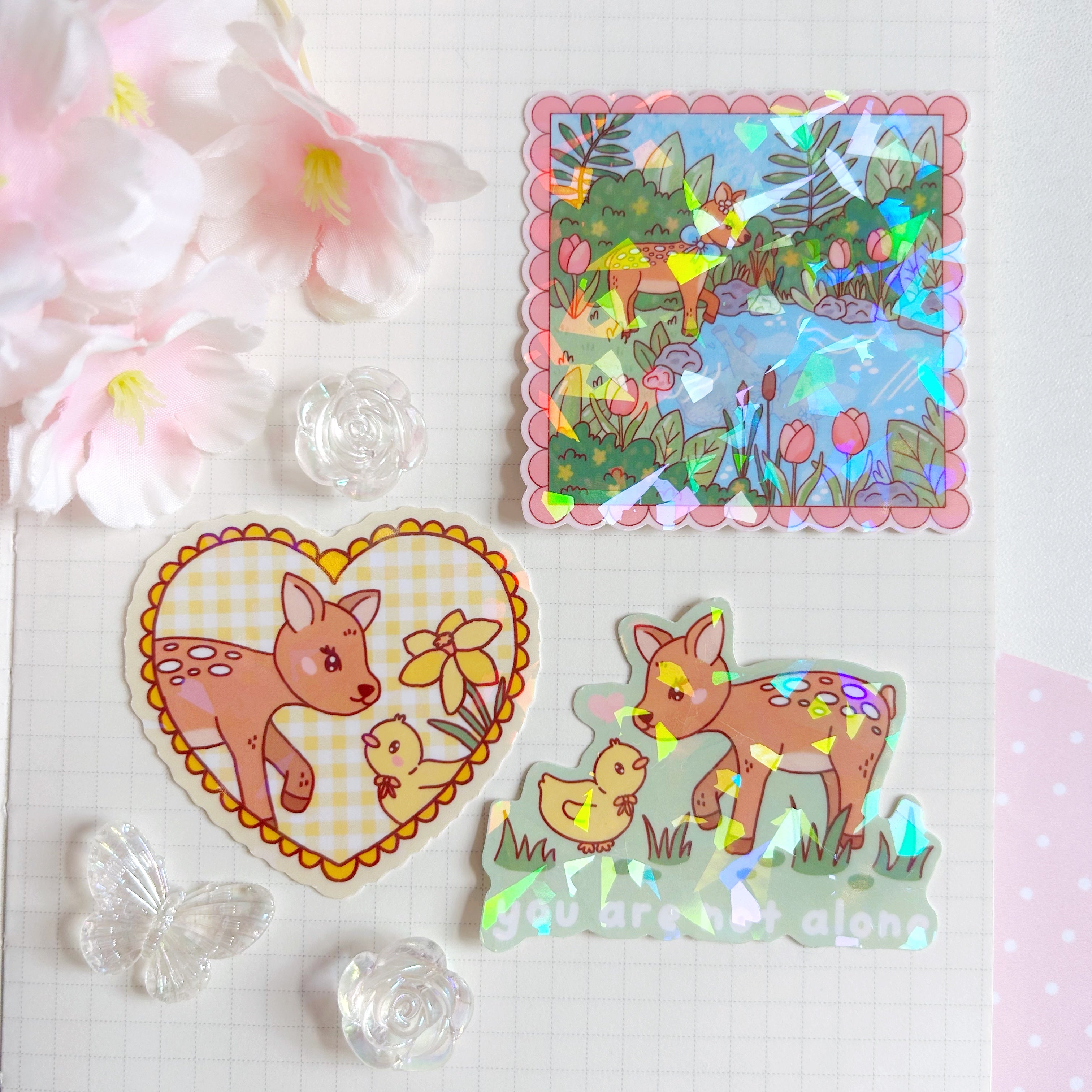 Yellow Fawn and duck heart die cut vinyl holographic sticker