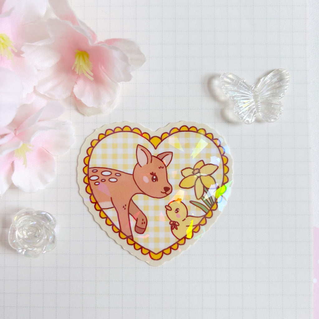 Yellow Fawn and duck heart die cut vinyl holographic sticker