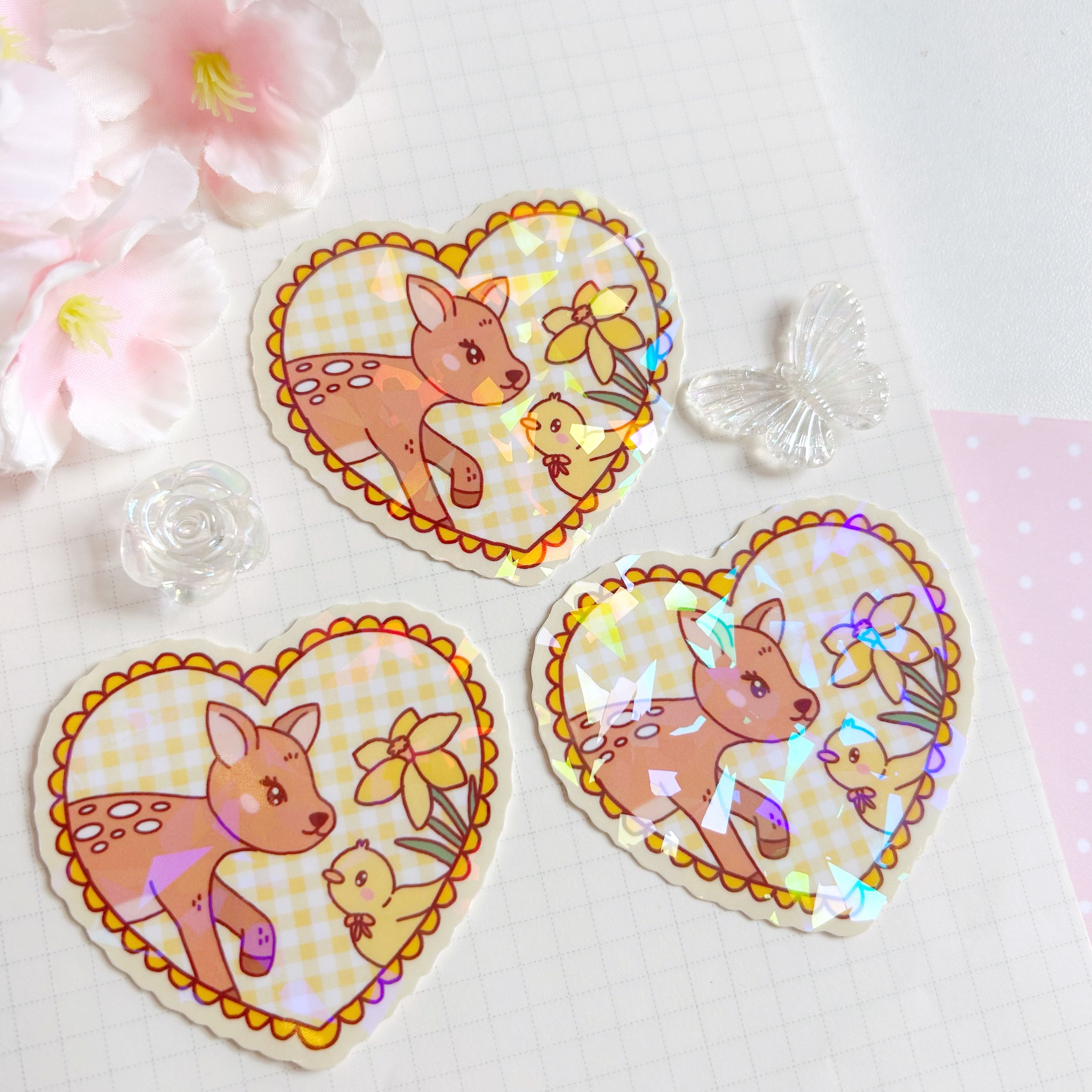 Yellow Fawn and duck heart die cut vinyl holographic sticker