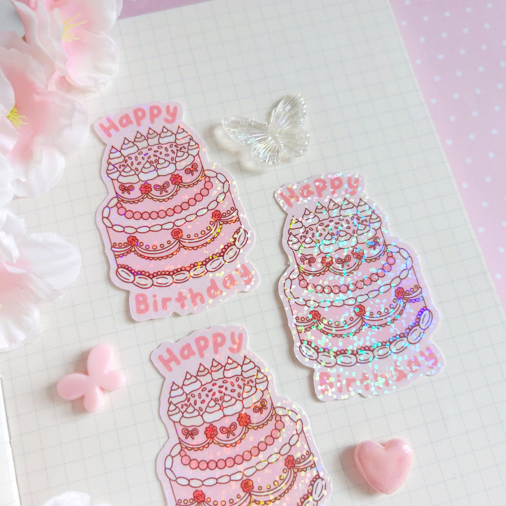 Happy birthday cake die cut vinyl holographic sticker
