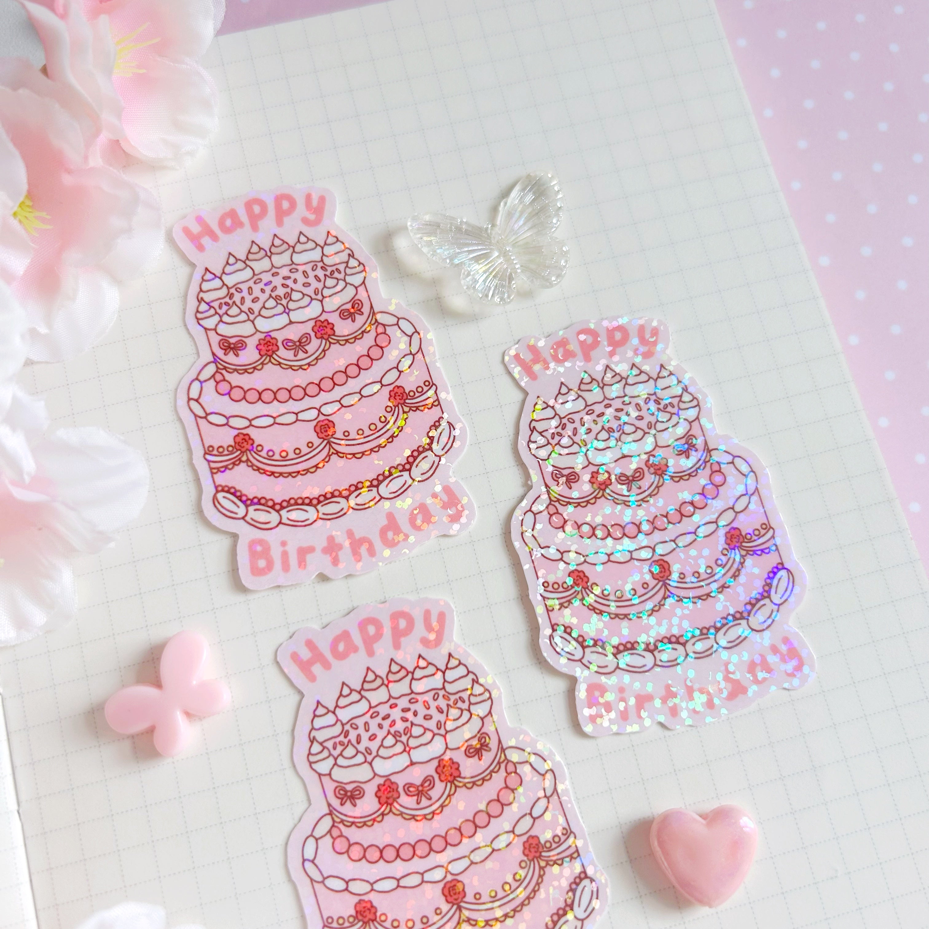 Happy birthday cake die cut vinyl holographic sticker