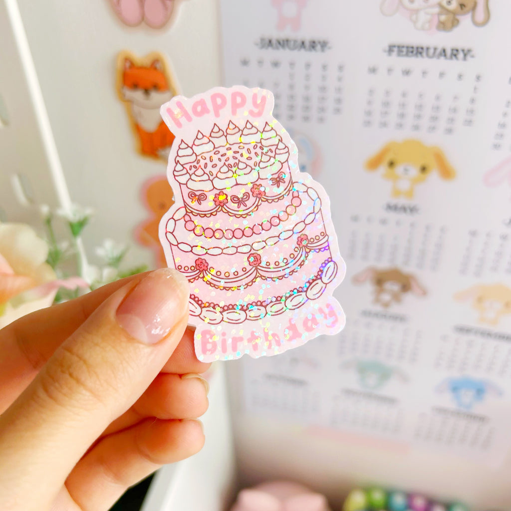 Happy birthday cake die cut vinyl holographic sticker