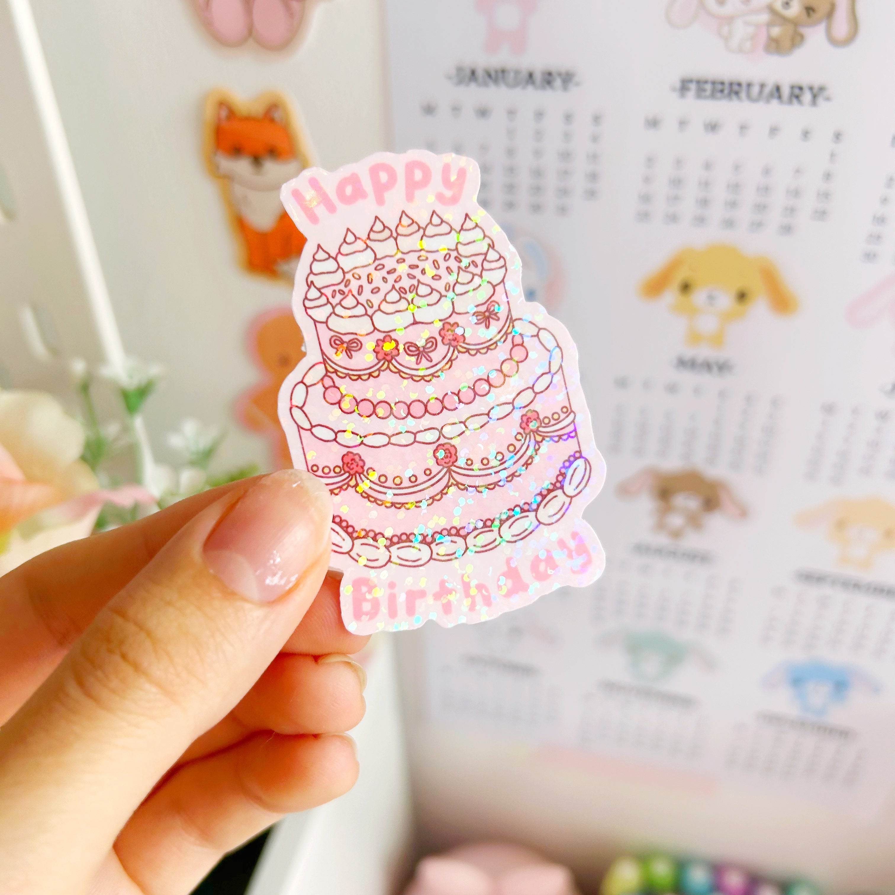 Happy birthday cake die cut vinyl holographic sticker