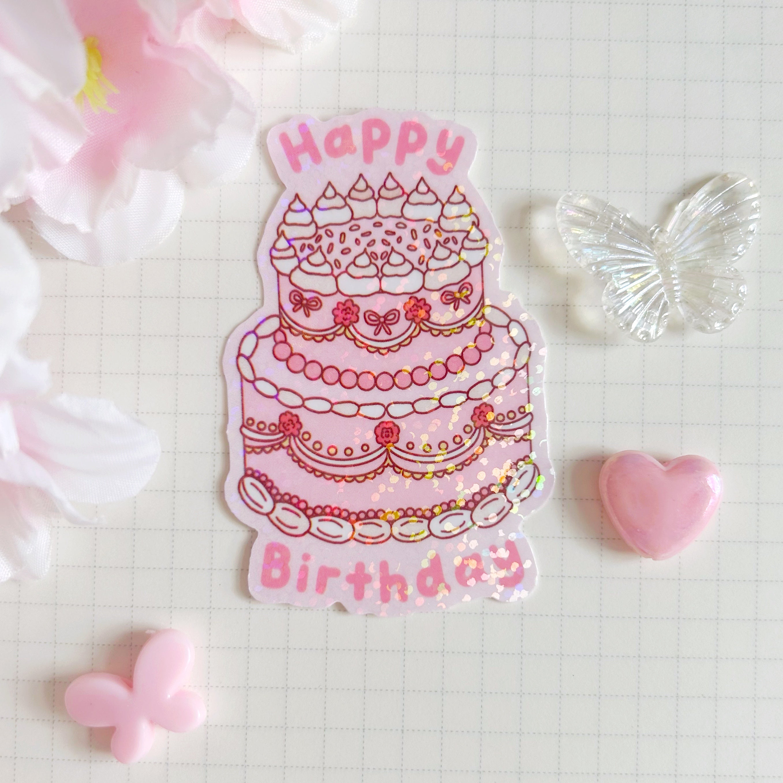 Happy birthday cake die cut vinyl holographic sticker