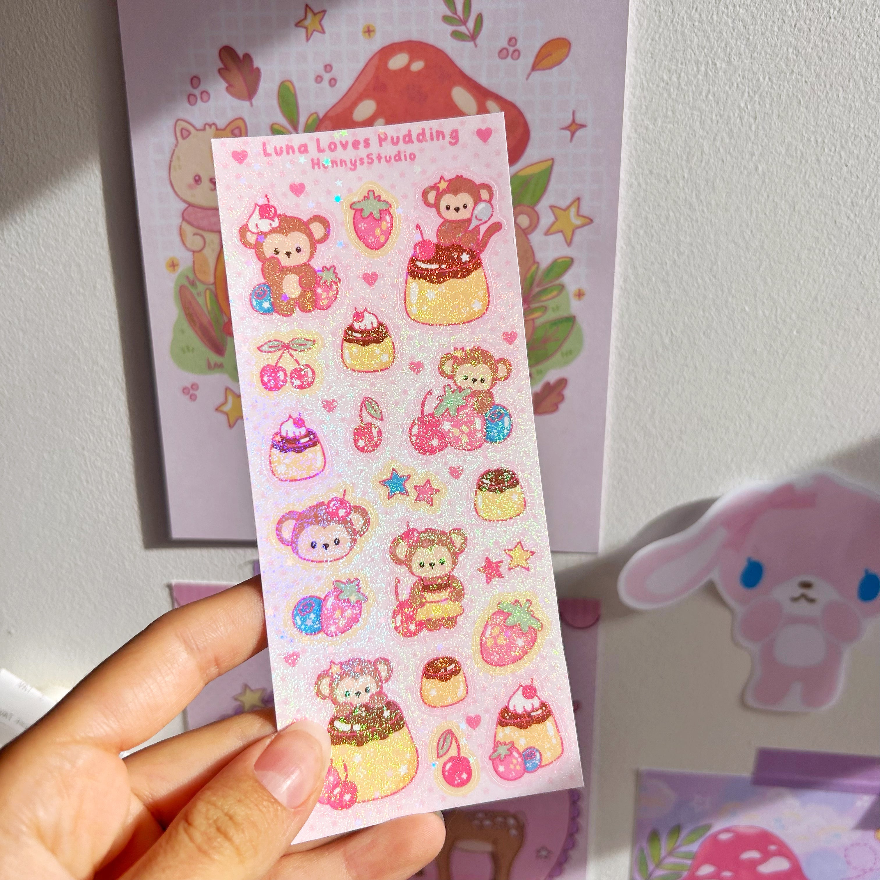 Luna Loves Pudding, vinyl holographic sticker sheet