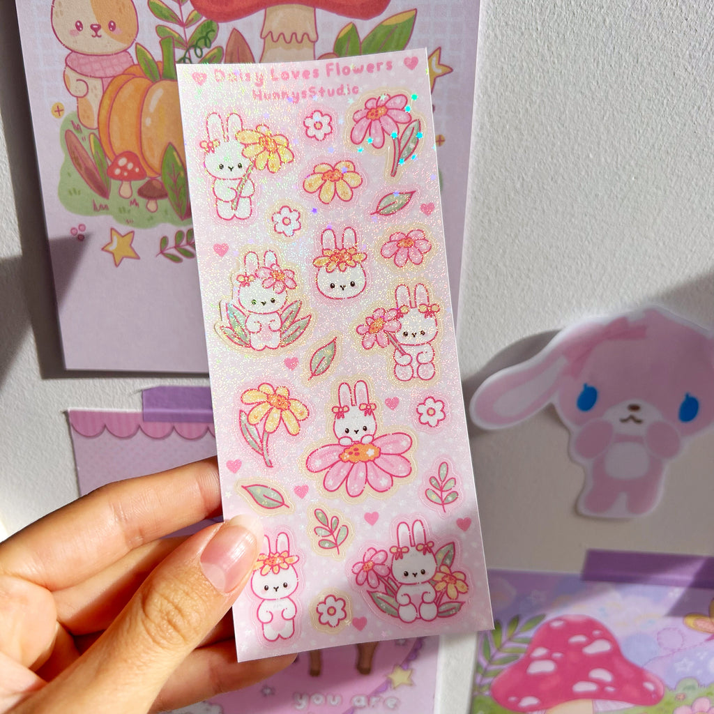 Daisy loves Flowers, vinyl holographic sticker sheet