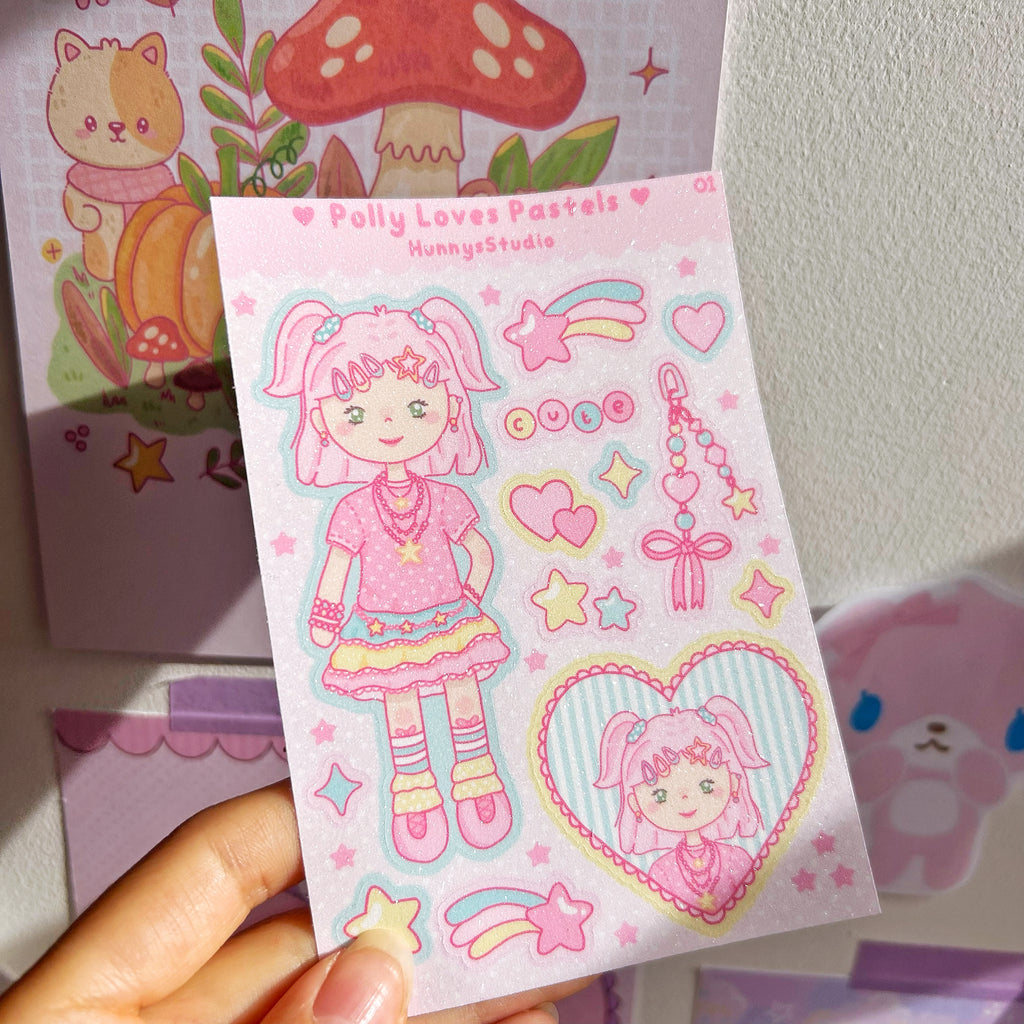 Polly Loves Pastels, vinyl holographic sticker sheet