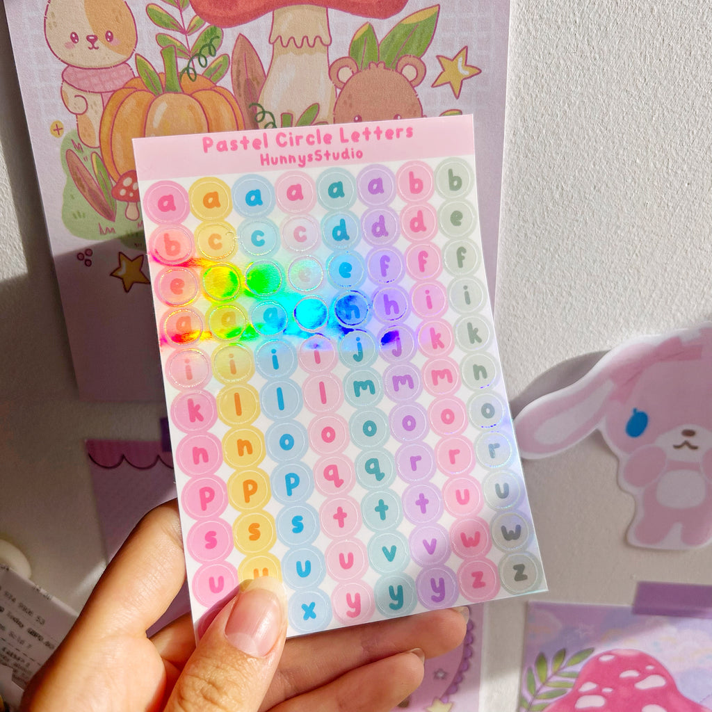 Pastel Circle Letters, vinyl holographic sticker sheet
