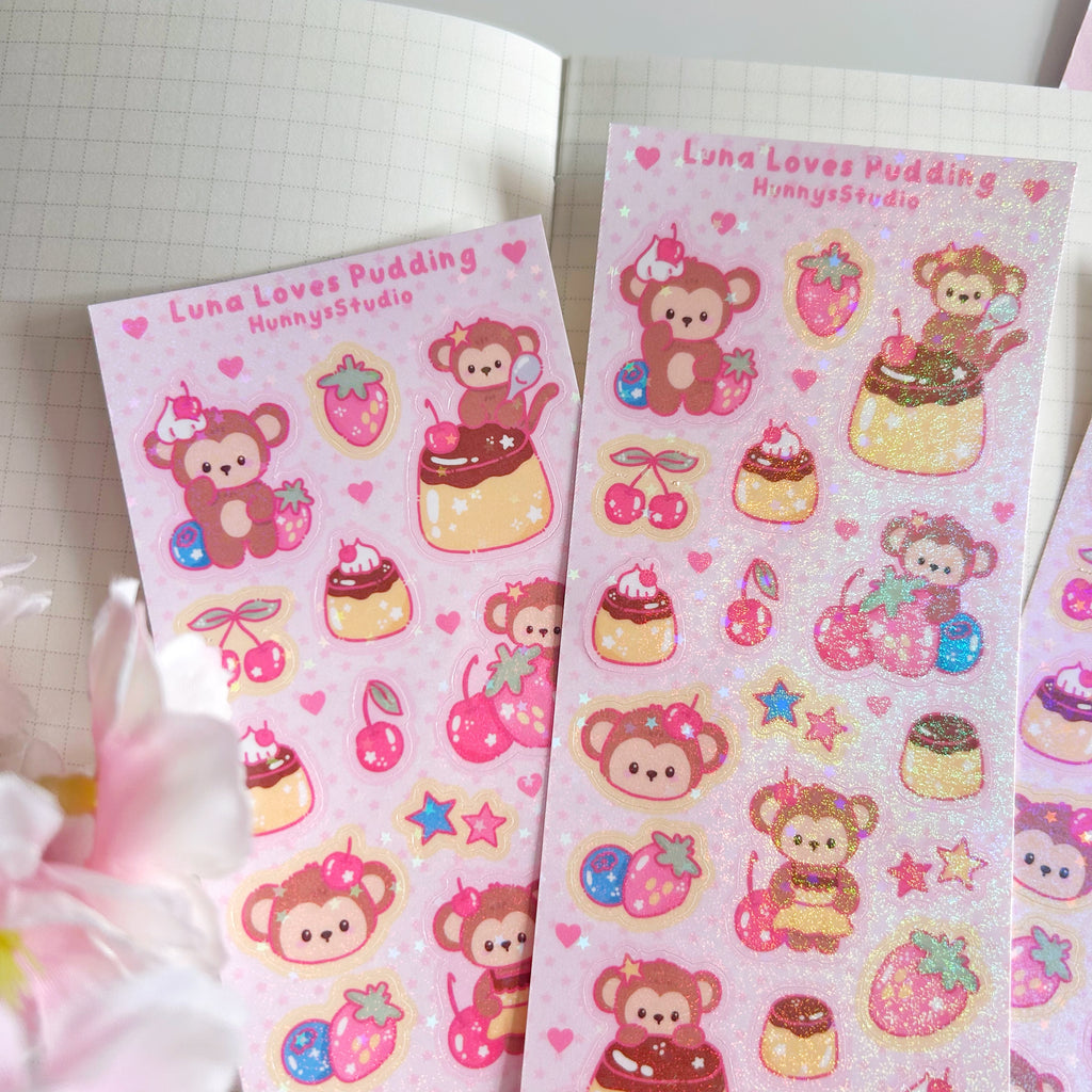 Luna Loves Pudding, vinyl holographic sticker sheet
