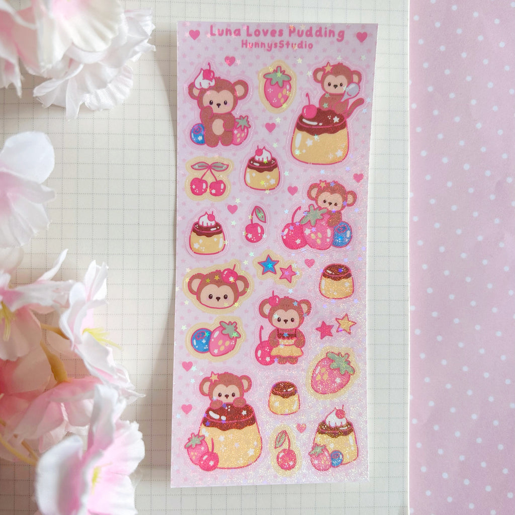 Luna Loves Pudding, vinyl holographic sticker sheet