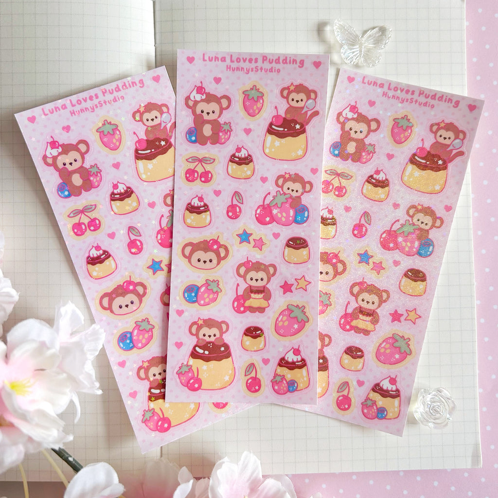 Luna Loves Pudding, vinyl holographic sticker sheet