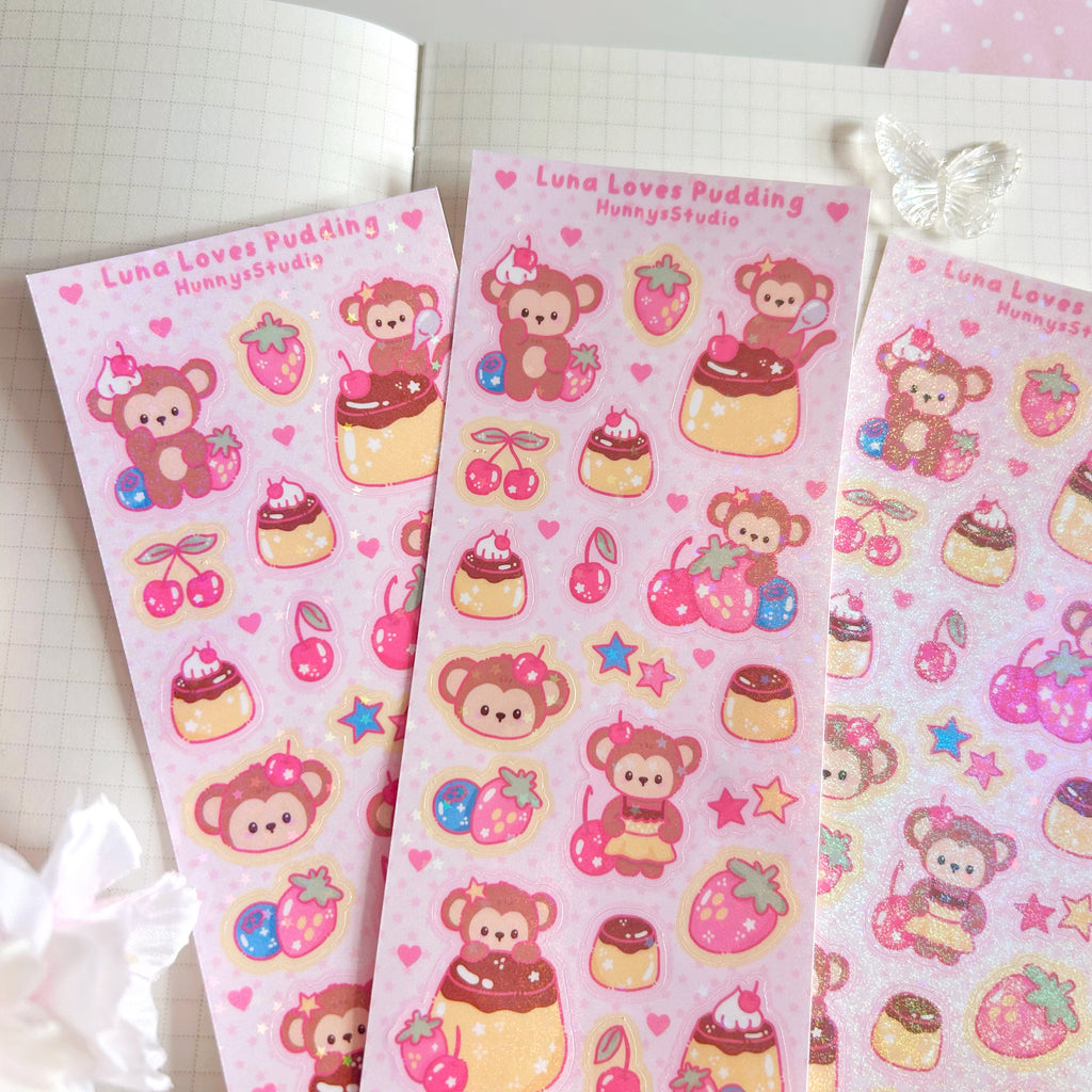 Luna Loves Pudding, vinyl holographic sticker sheet