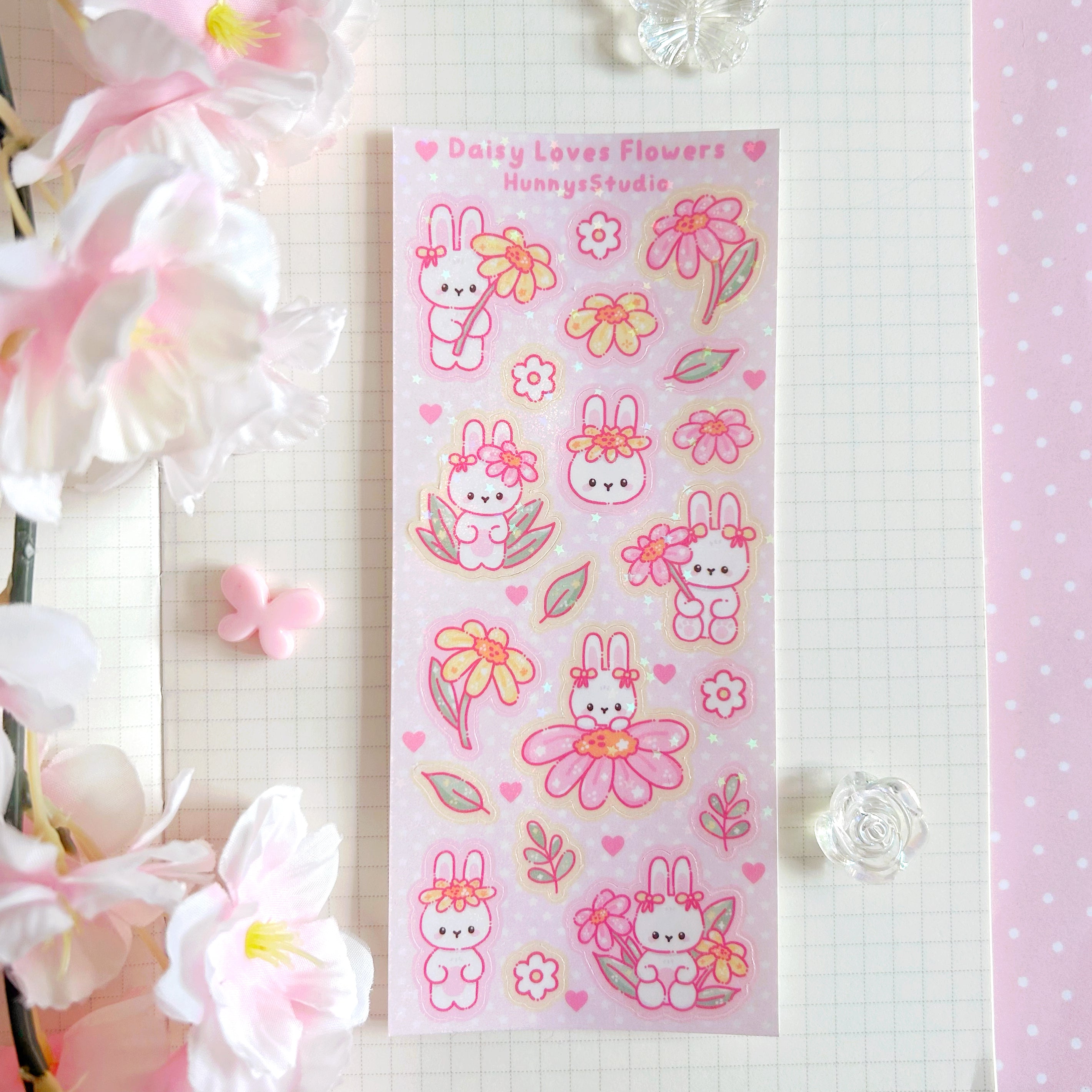 Daisy loves Flowers, vinyl holographic sticker sheet