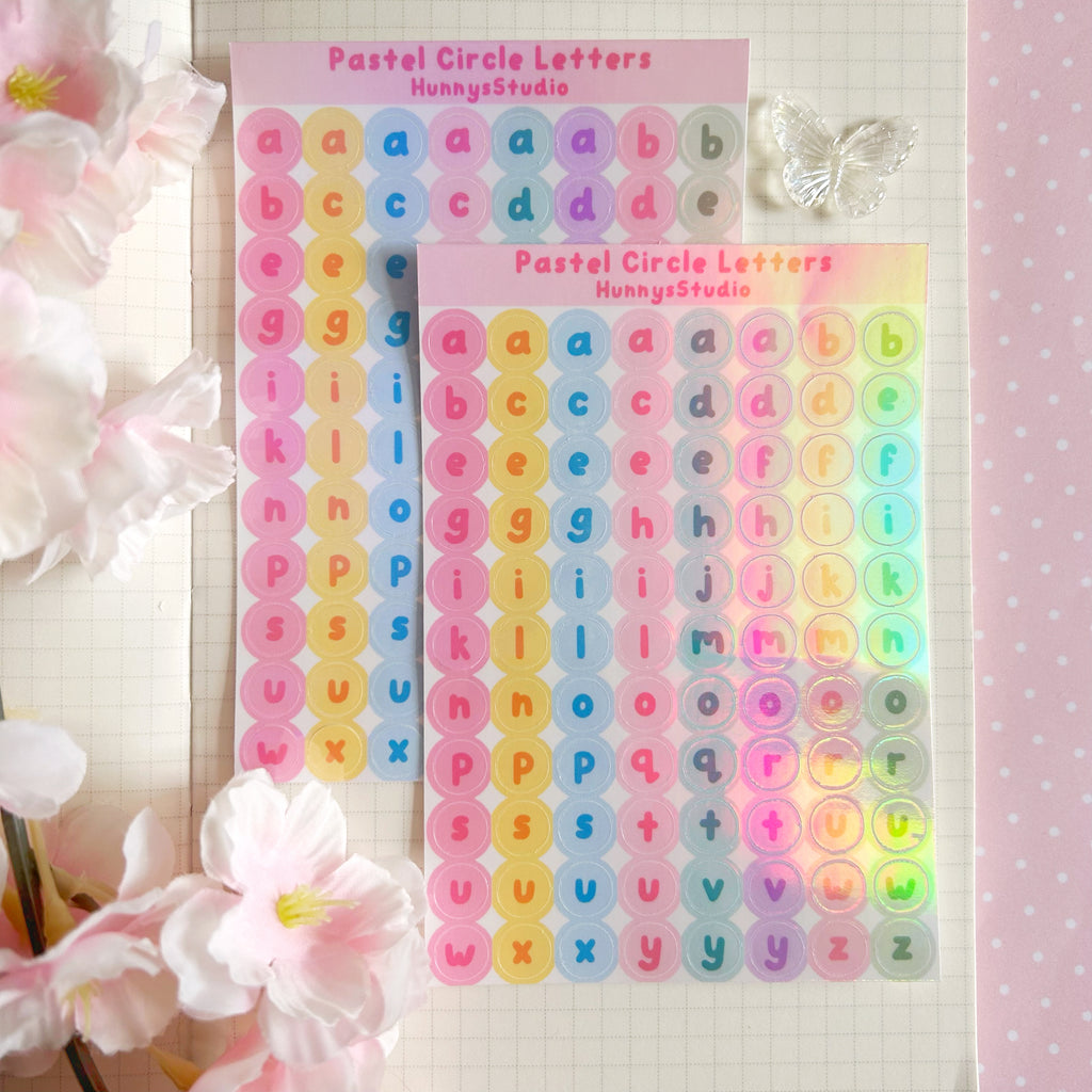 Pastel Circle Letters, vinyl holographic sticker sheet