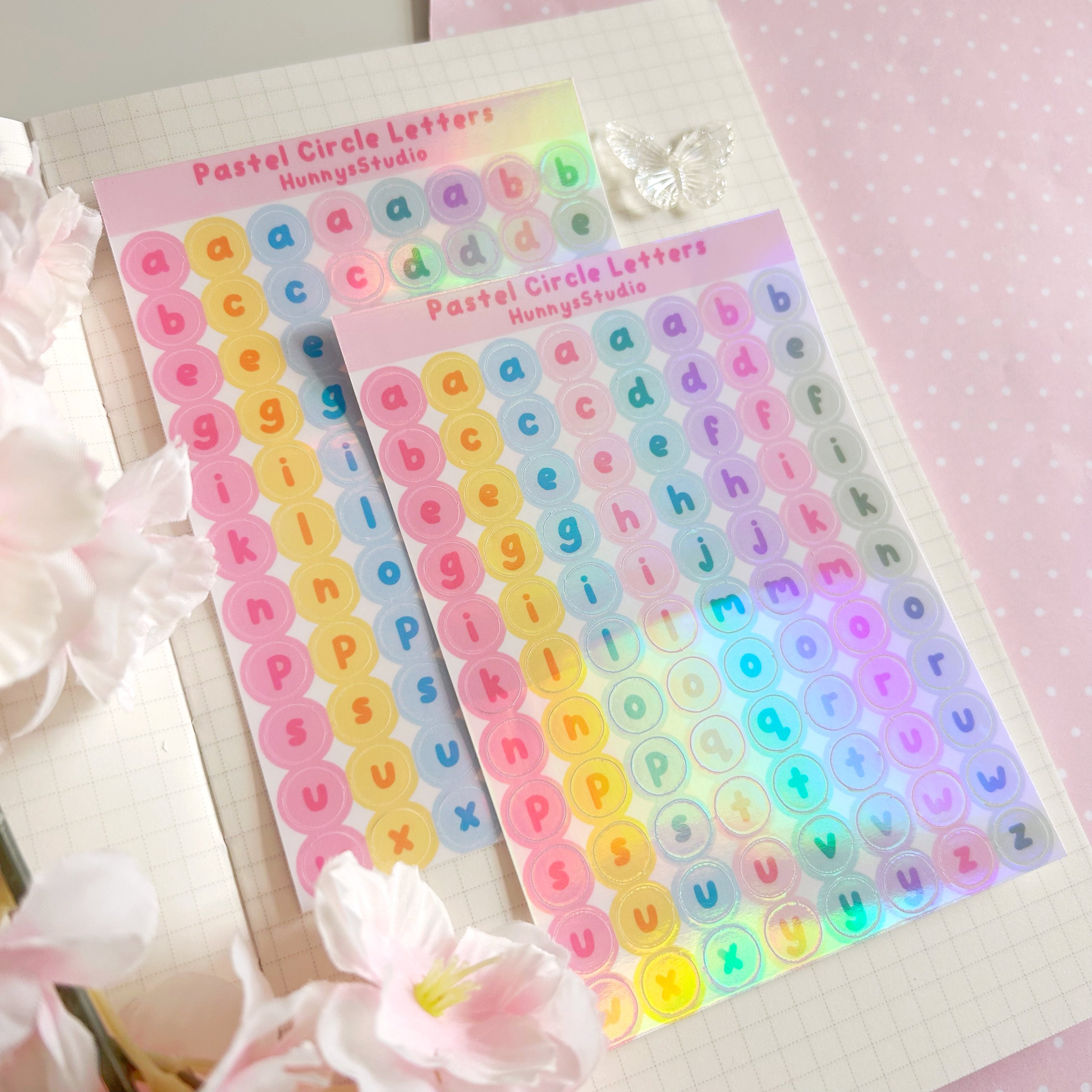 Pastel Circle Letters, vinyl holographic sticker sheet