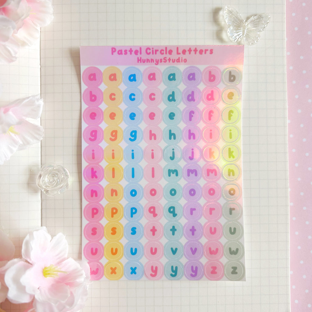 Pastel Circle Letters, vinyl holographic sticker sheet