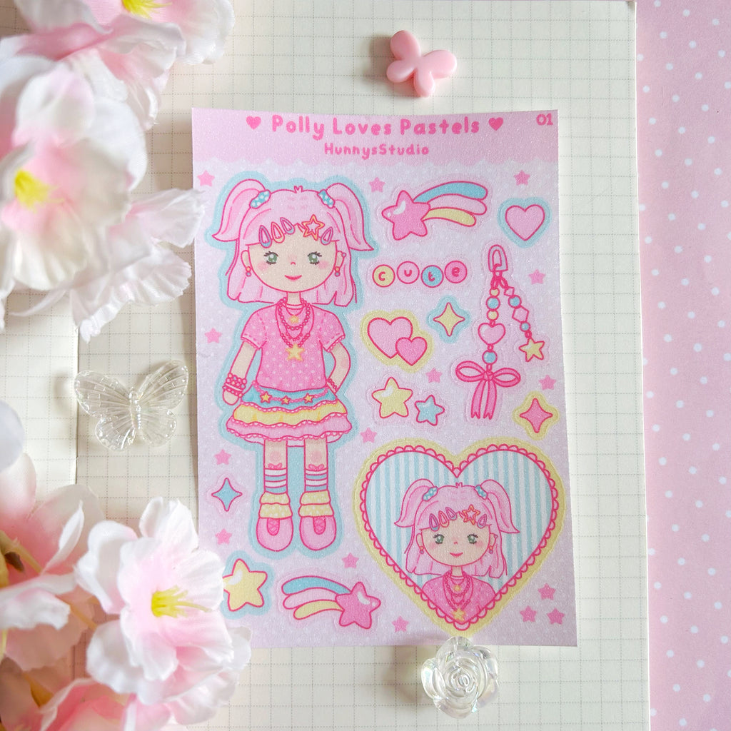 Polly Loves Pastels, vinyl holographic sticker sheet