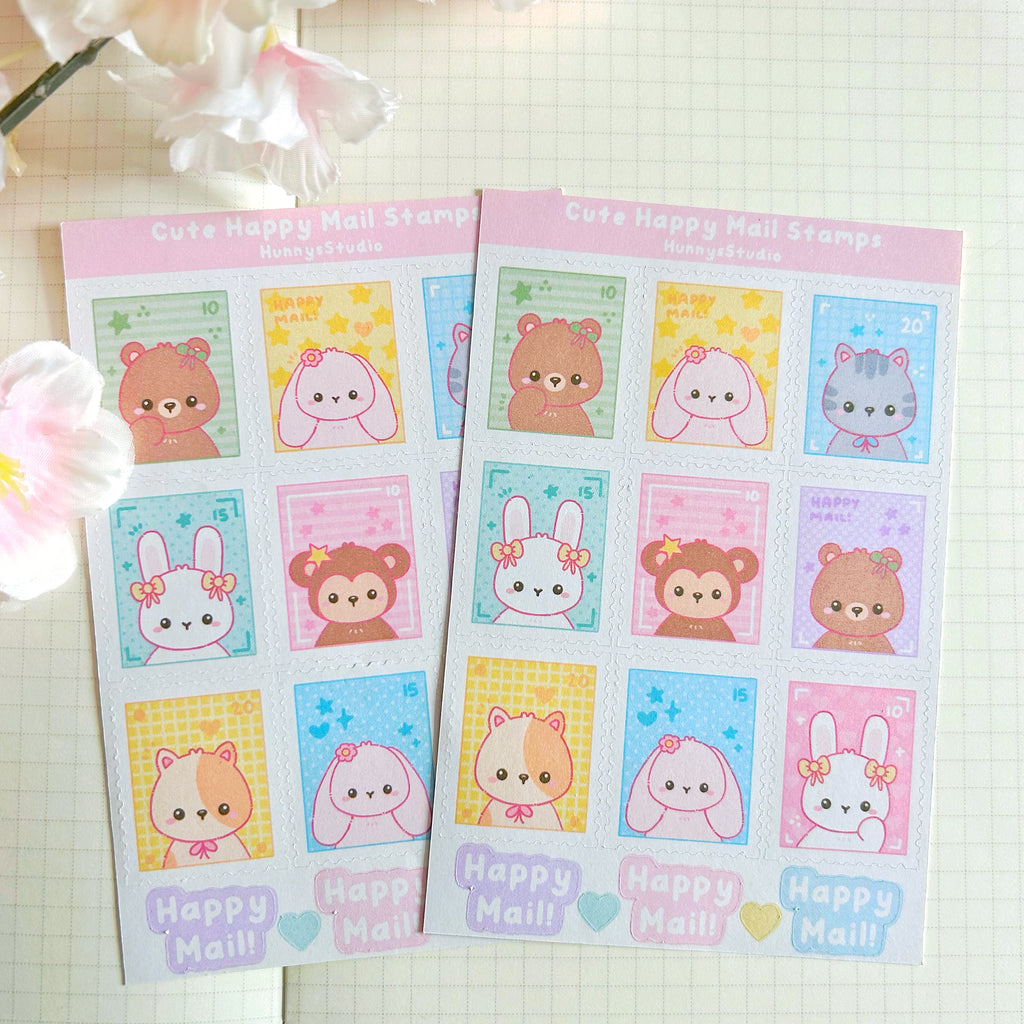 Cute Happy Mail stamps, matte sticker sheet