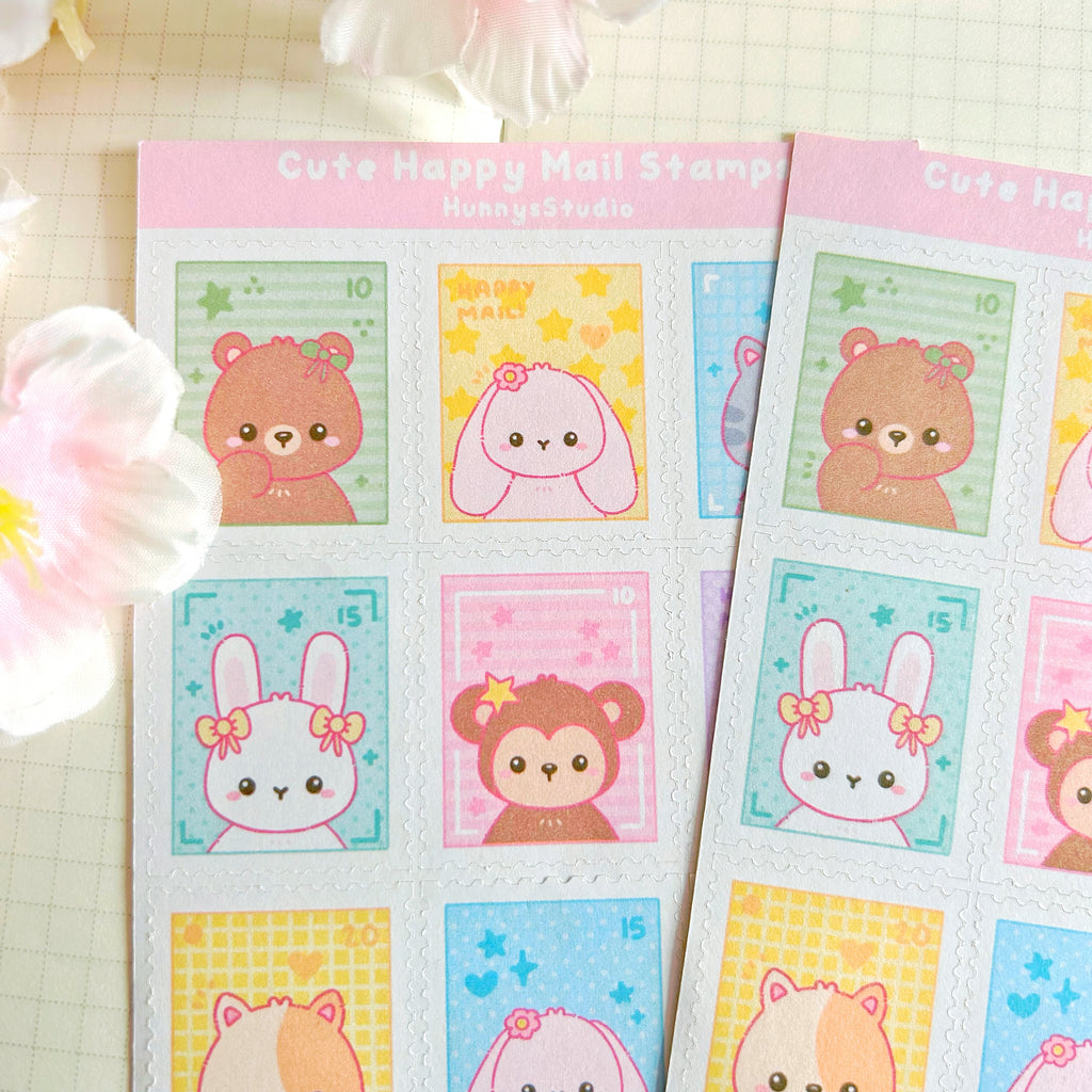 Cute Happy Mail stamps, matte sticker sheet