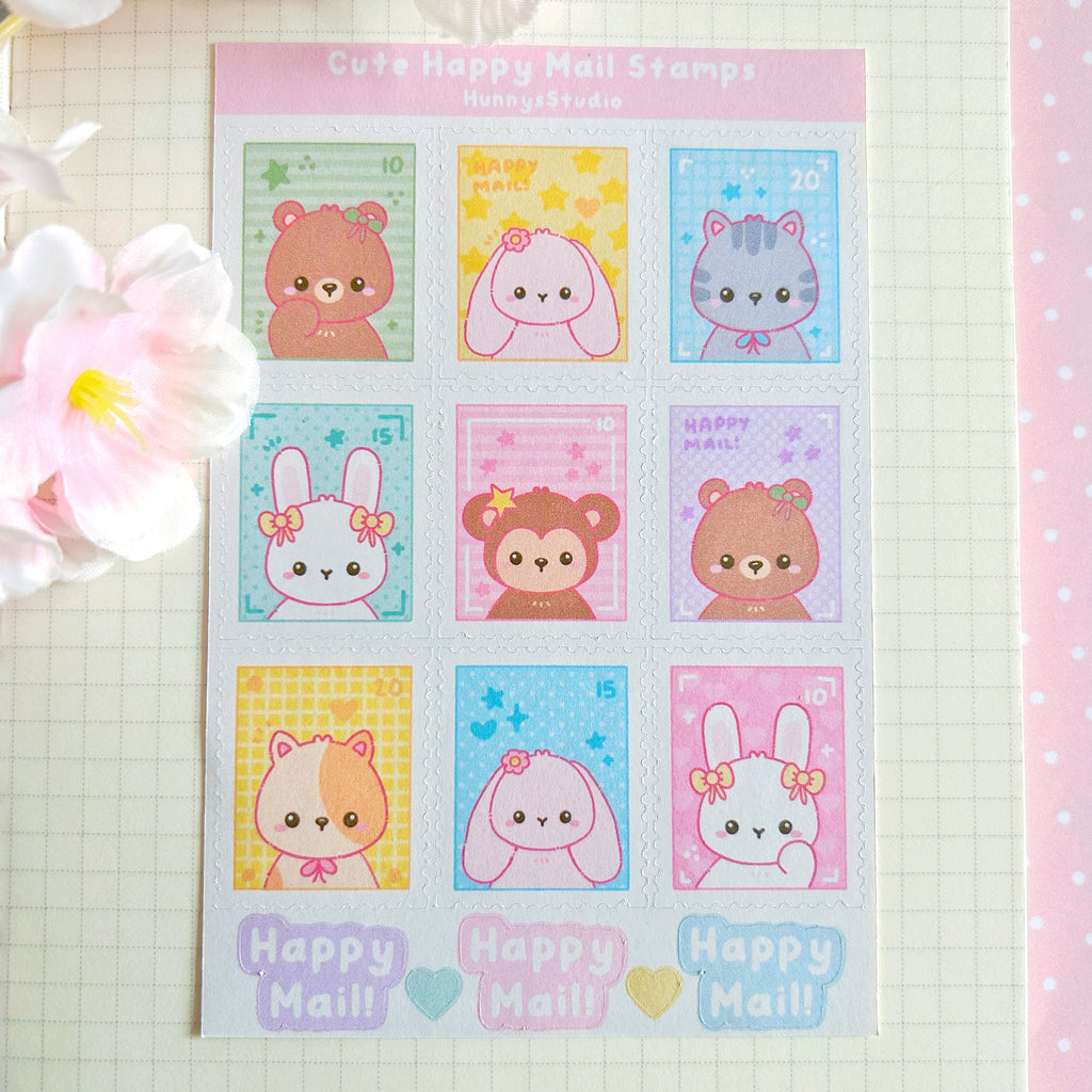 Cute Happy Mail stamps, matte sticker sheet