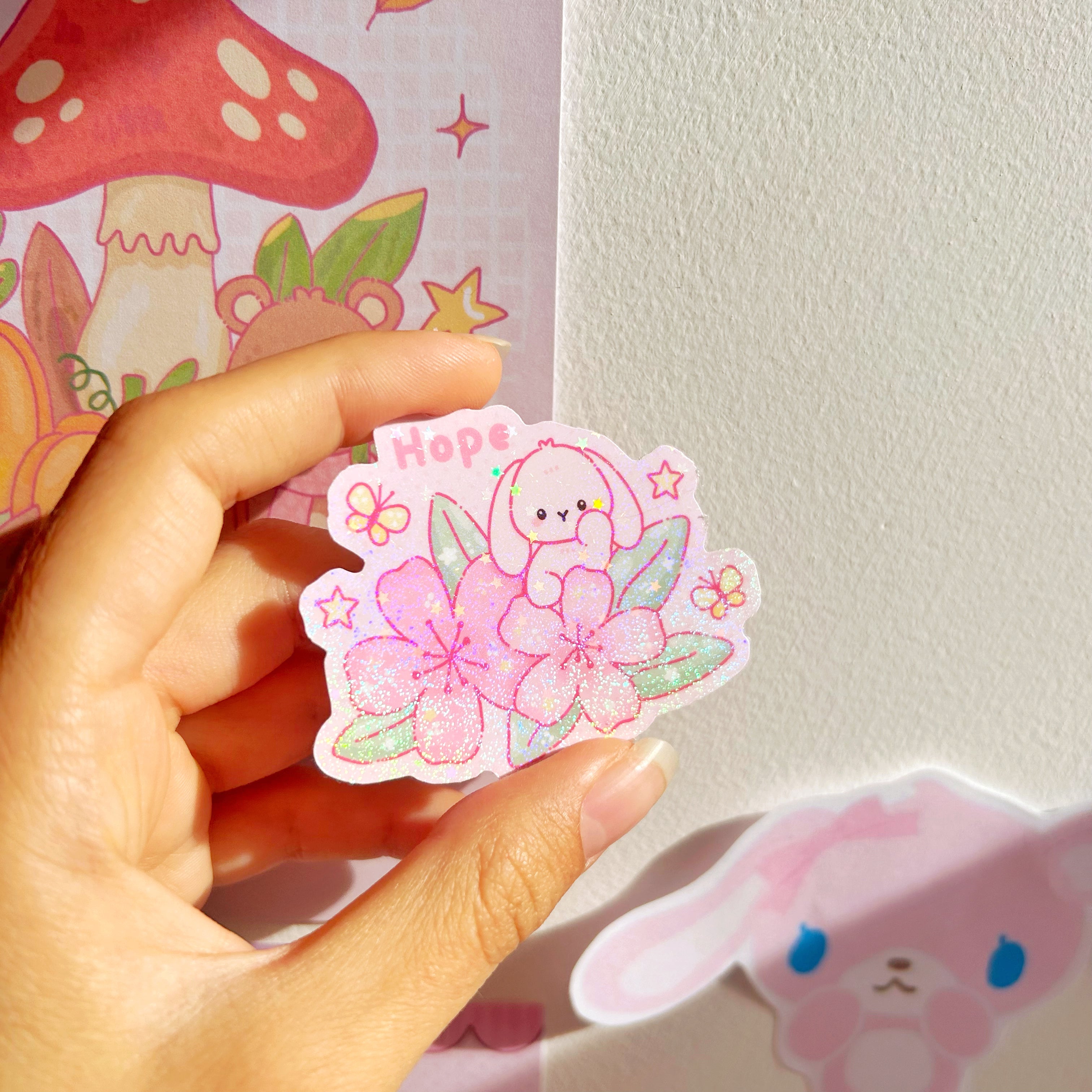 Hope cherry blossom, die cut vinyl holographic sticker