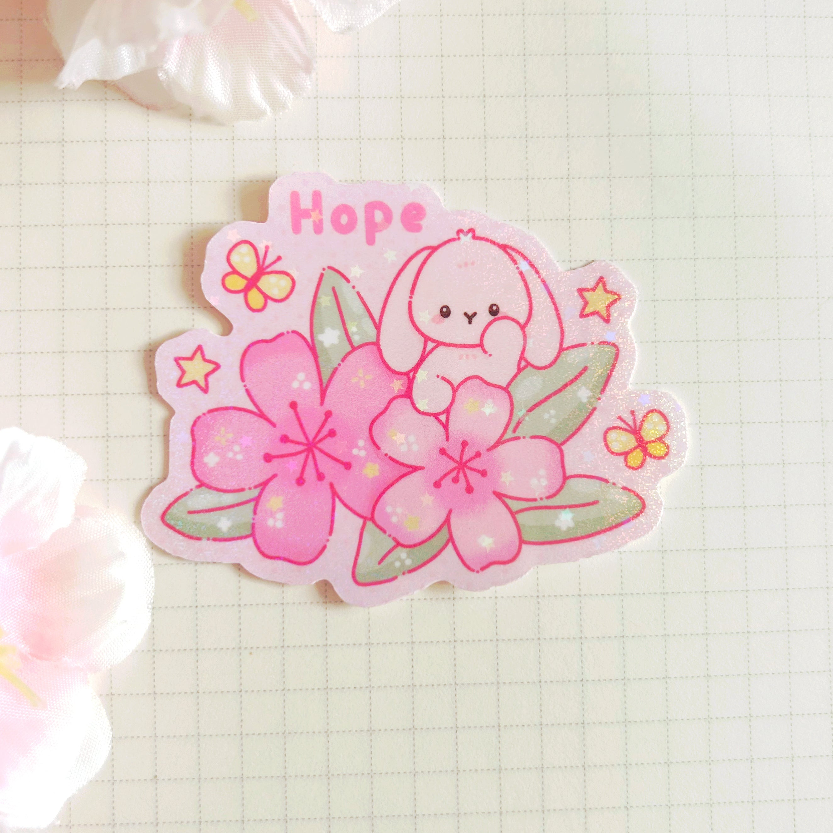Hope cherry blossom, die cut vinyl holographic sticker