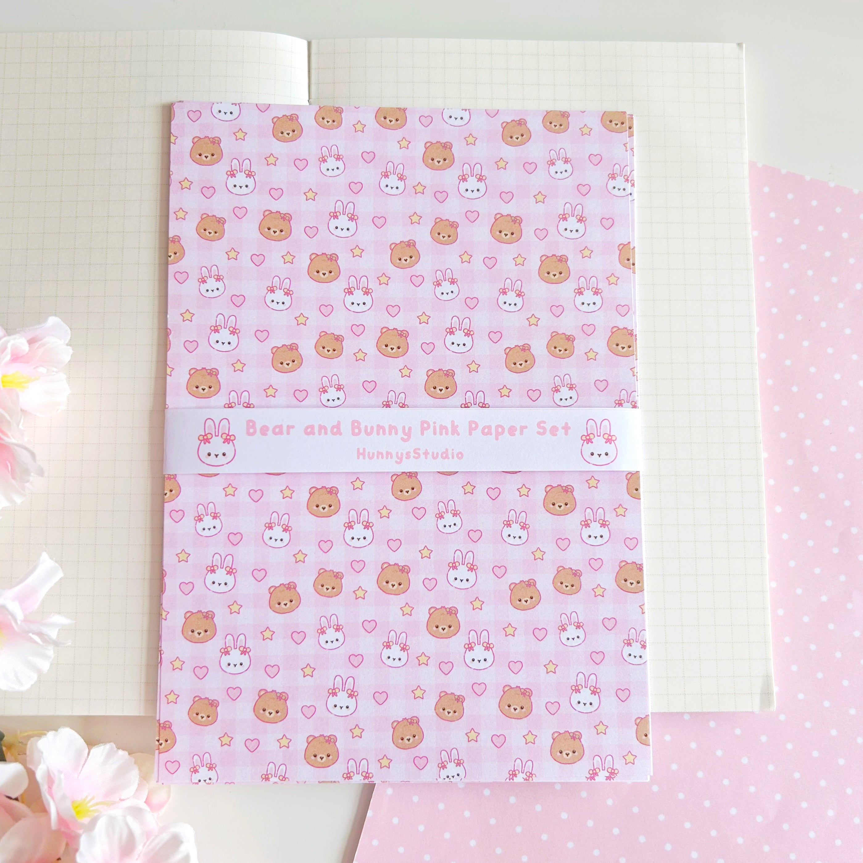 Bunny and bear pink patterned paper set, A5 set of 8 pages
