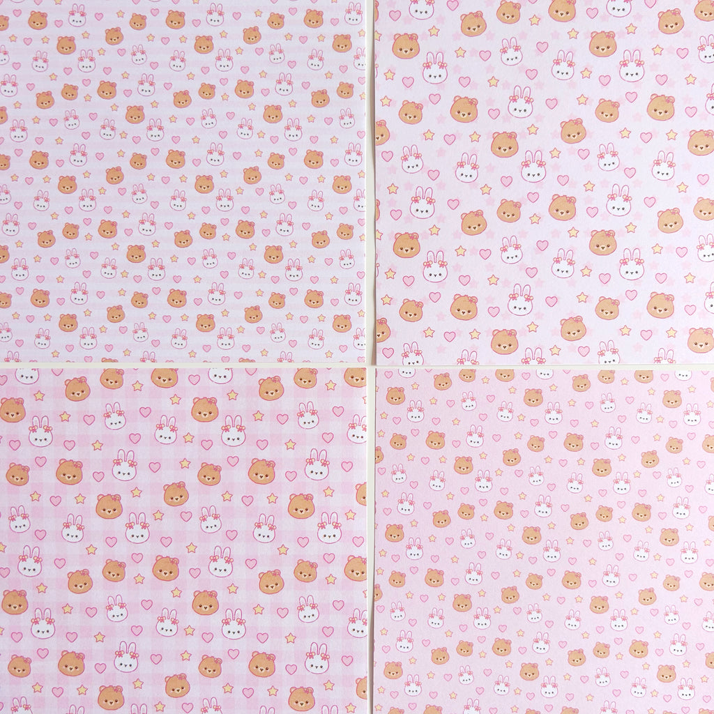 Bunny and bear pink patterned paper set, A5 set of 8 pages