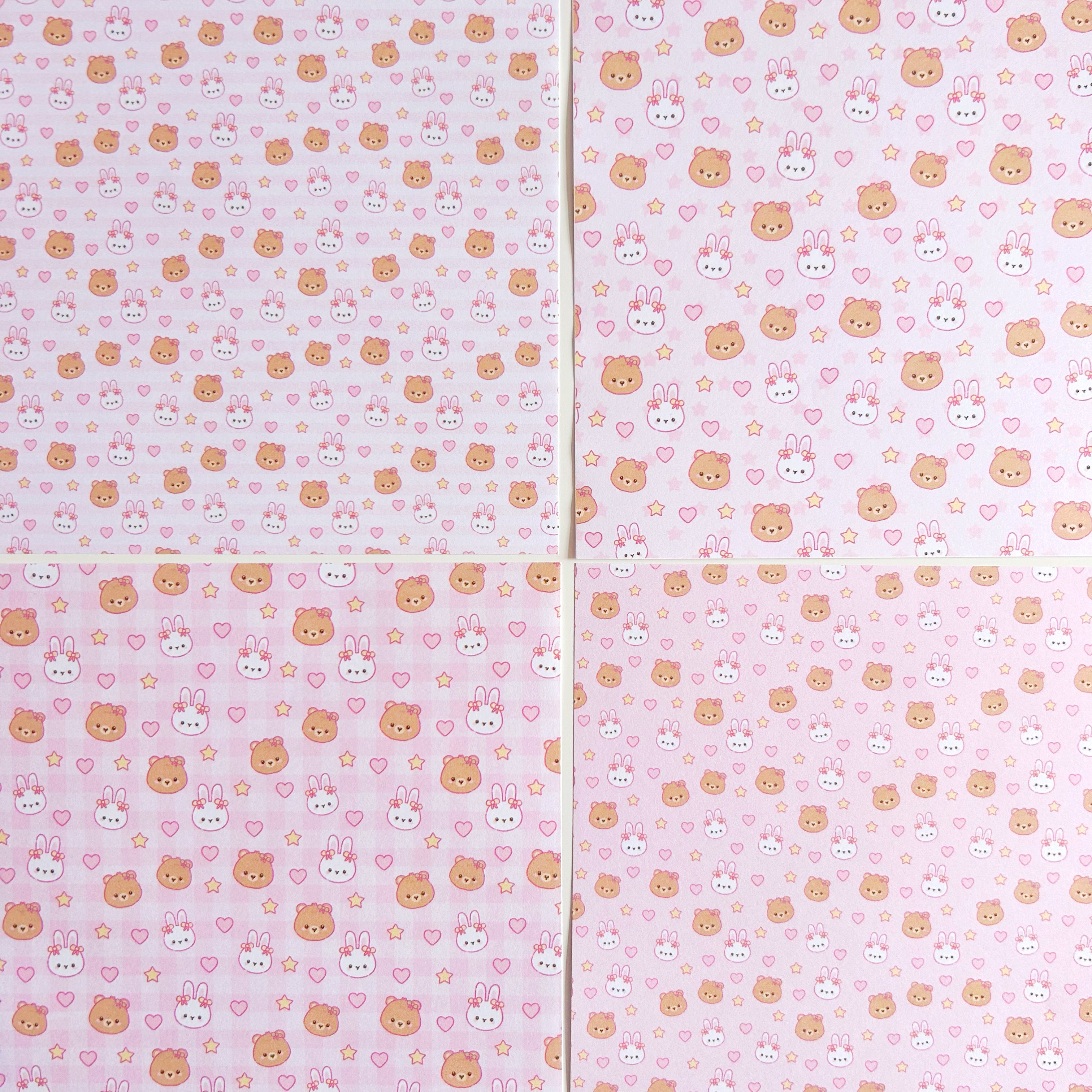 Bunny and bear pink patterned paper set, A5 set of 8 pages