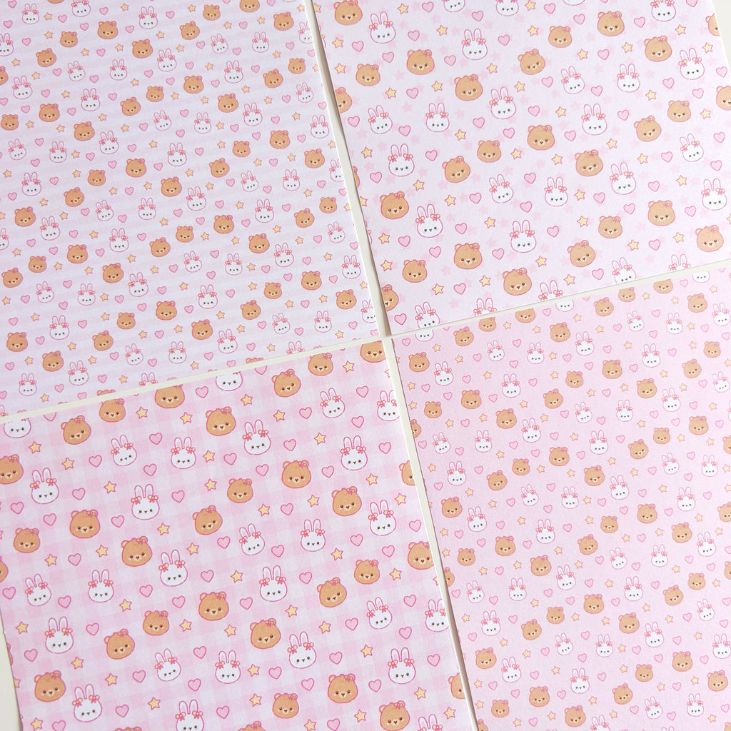 Bunny and bear pink patterned paper set, A5 set of 8 pages