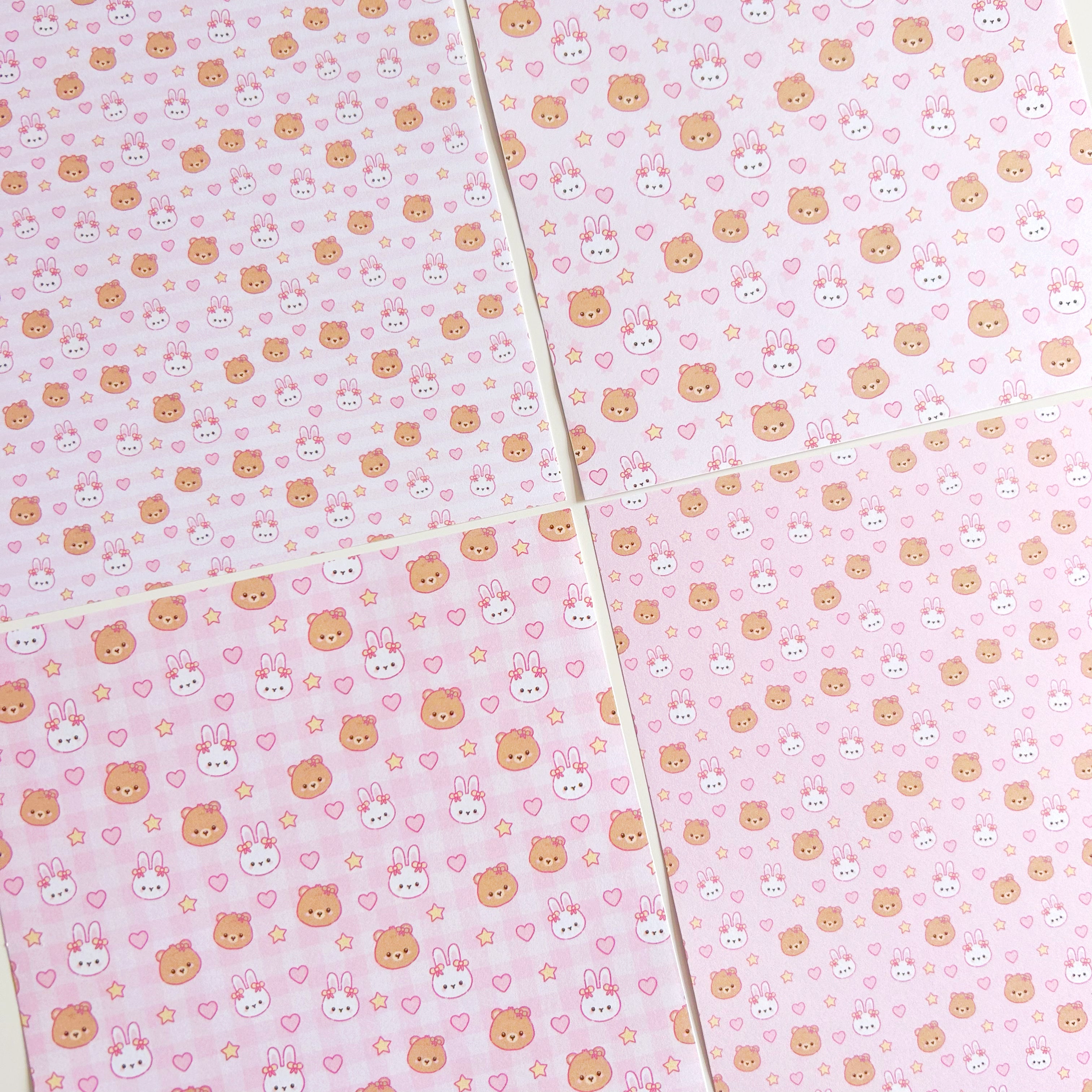 Bunny and bear pink patterned paper set, A5 set of 8 pages