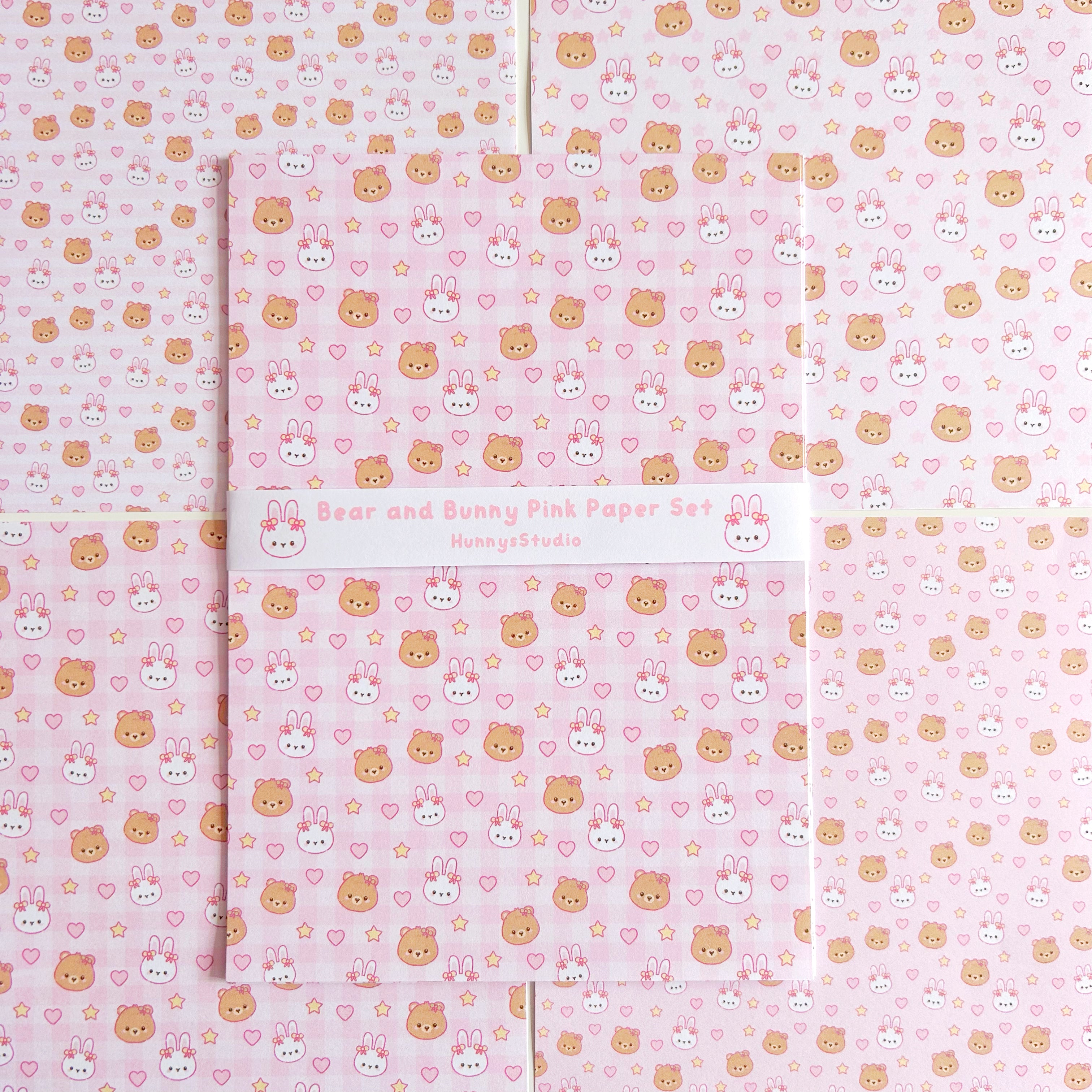 Bunny and bear pink patterned paper set, A5 set of 8 pages