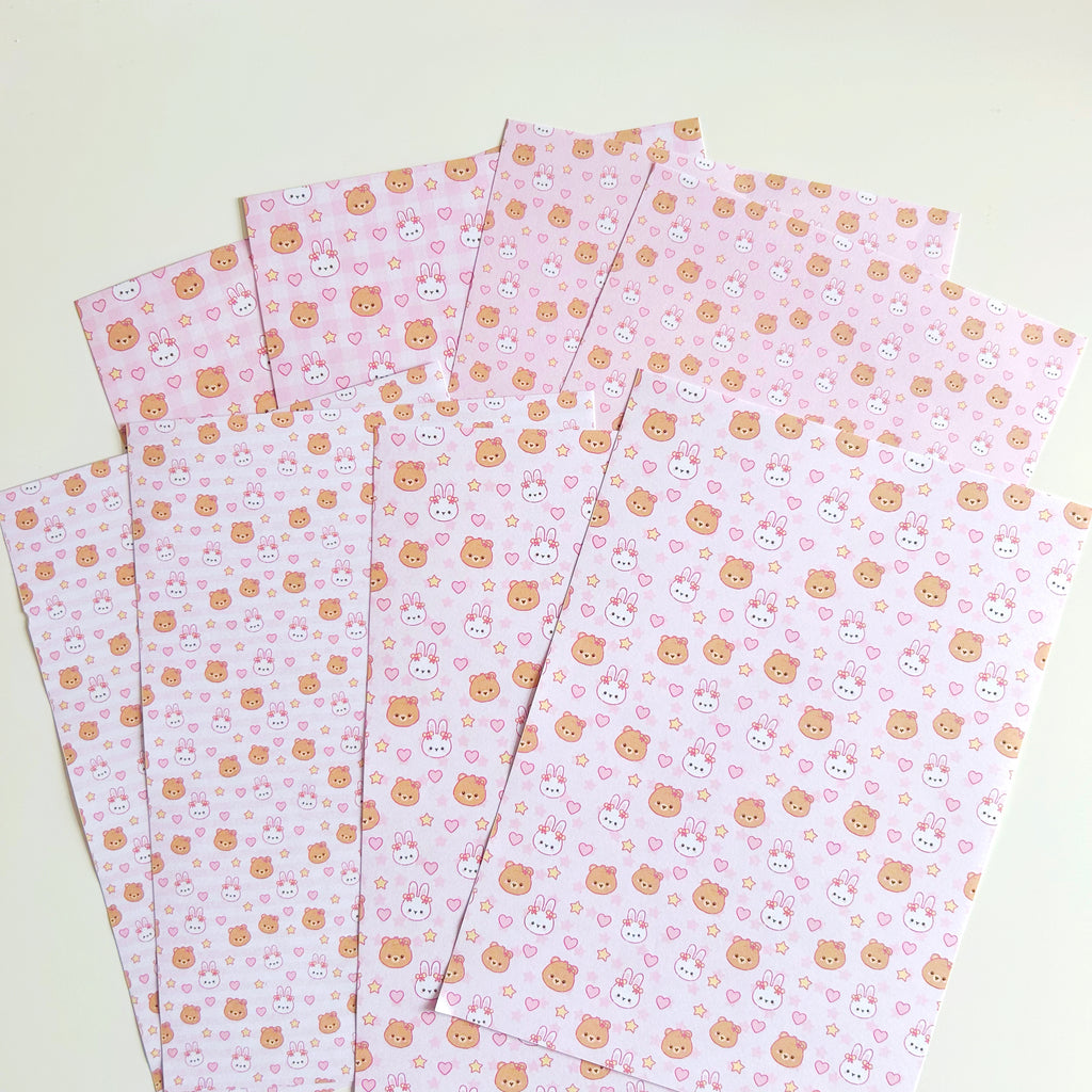 Bunny and bear pink patterned paper set, A5 set of 8 pages