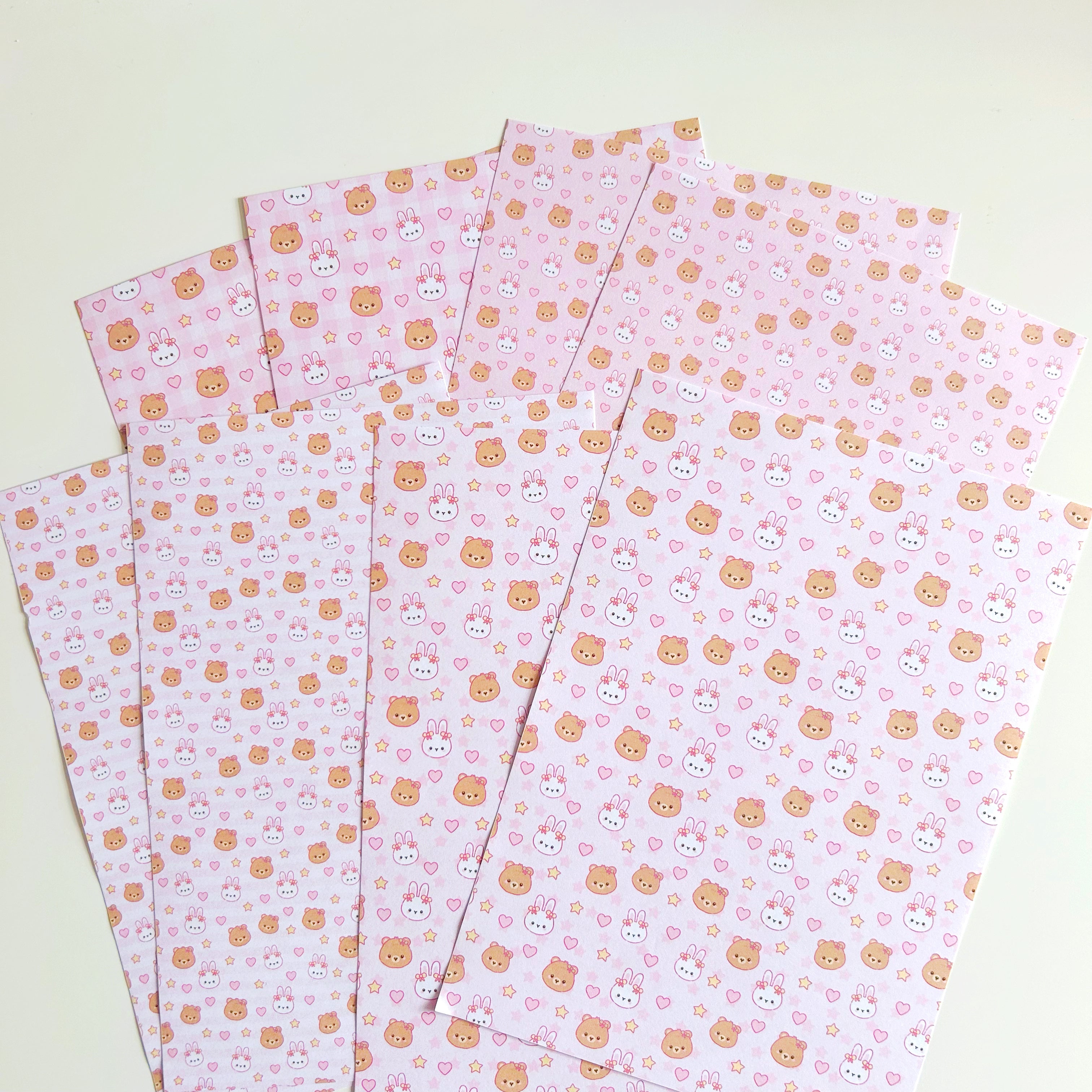 Bunny and bear pink patterned paper set, A5 set of 8 pages