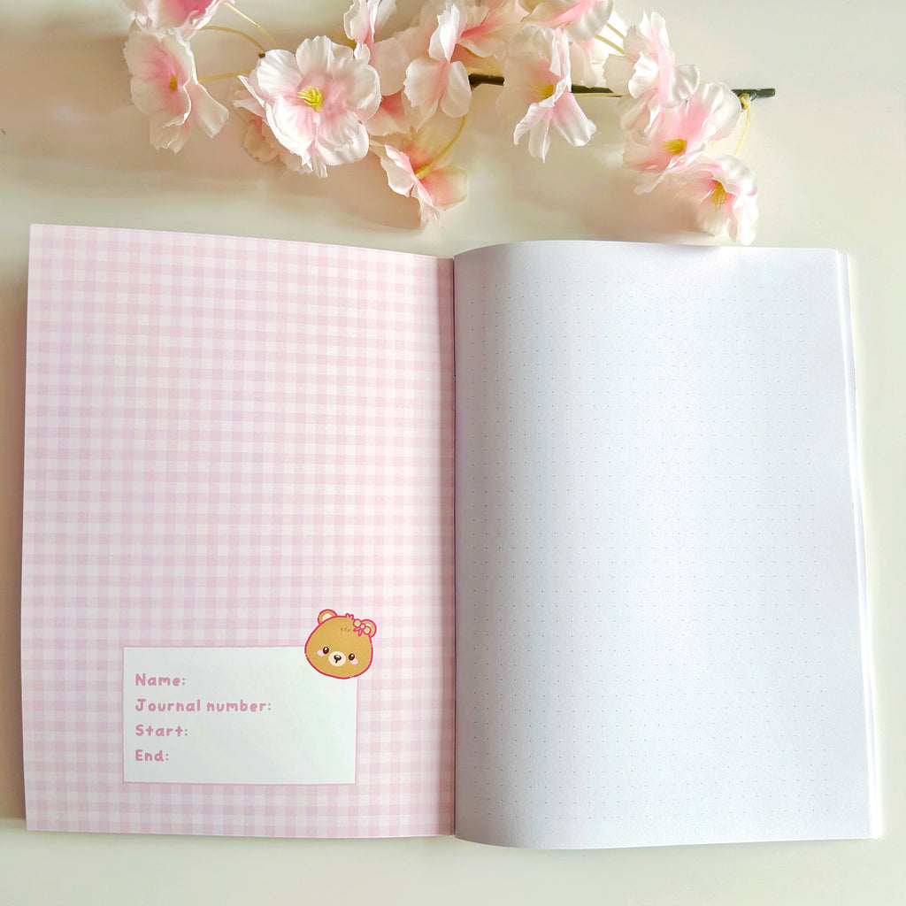 Pink Bunny and Bear A5 notebooks, dotted paper journals
