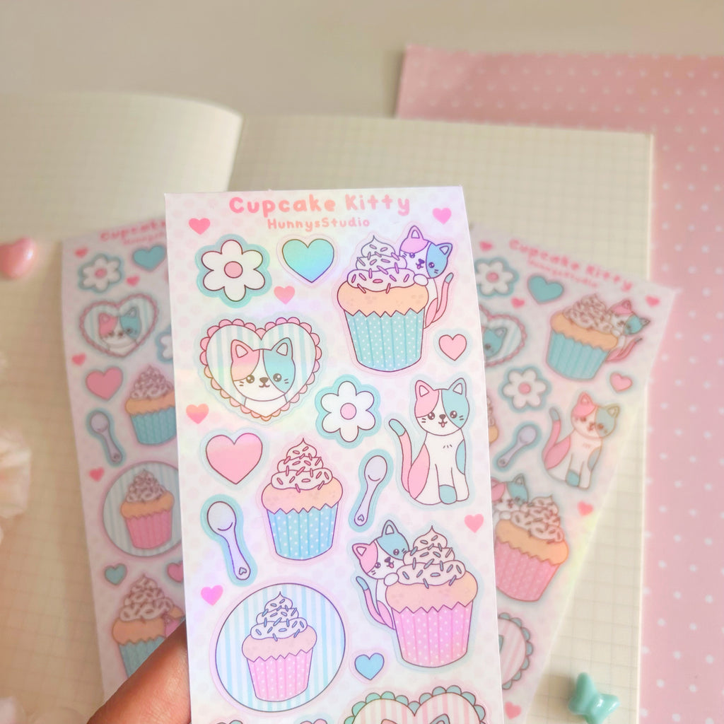 cupcake kitty vinyl holographic sticker sheet