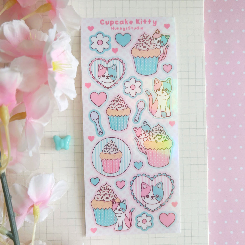 cupcake kitty vinyl holographic sticker sheet