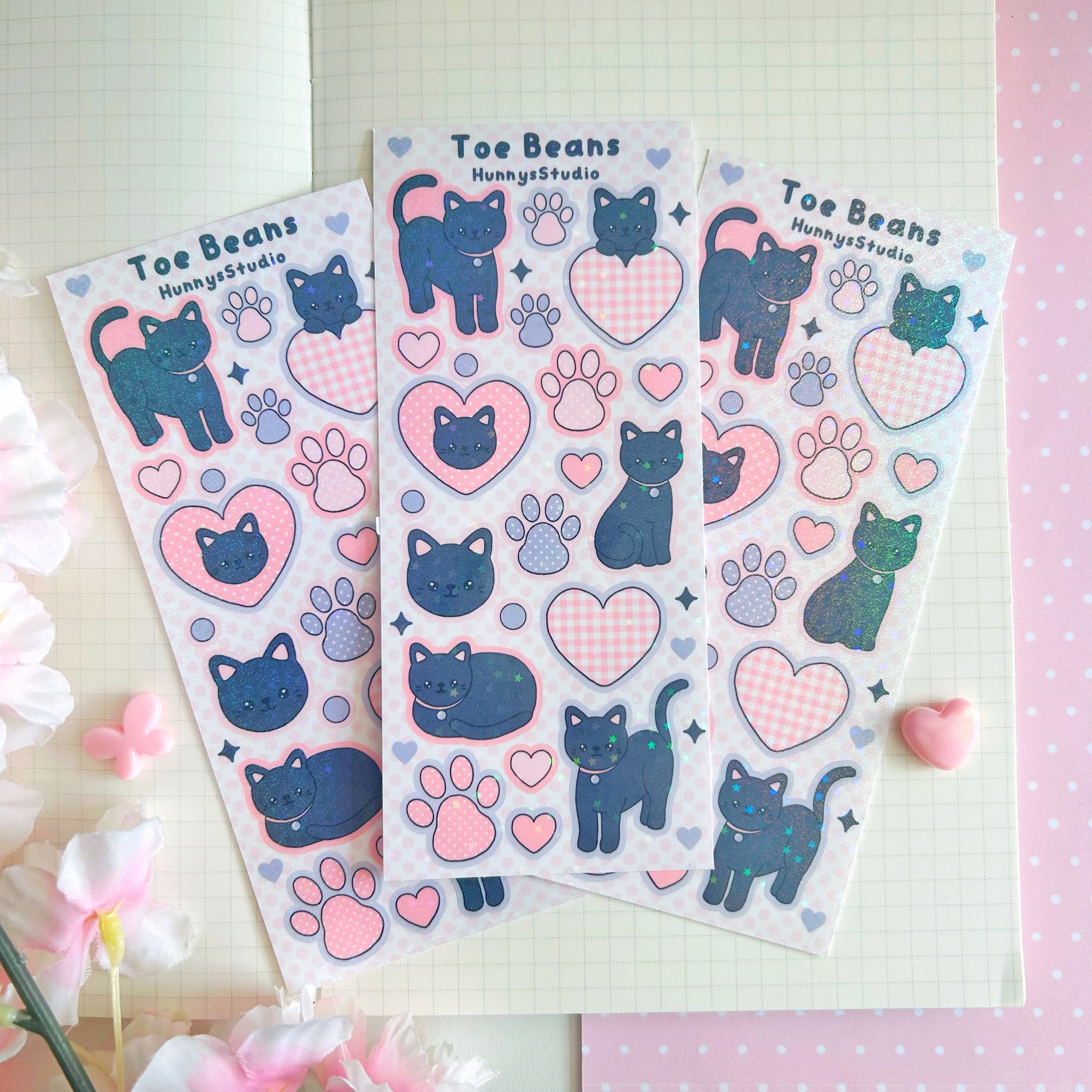 Toe beans, black kitty vinyl holographic sticker sheet