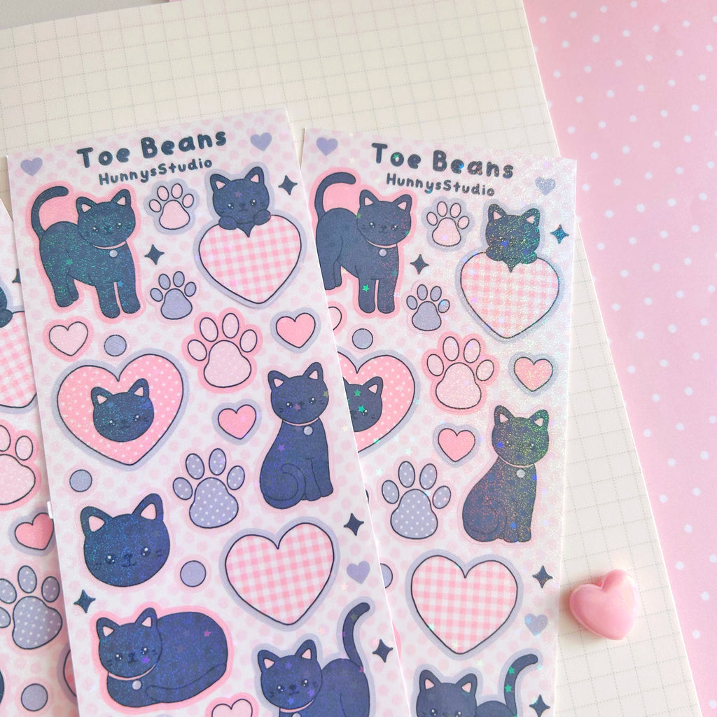 Toe beans, black kitty vinyl holographic sticker sheet