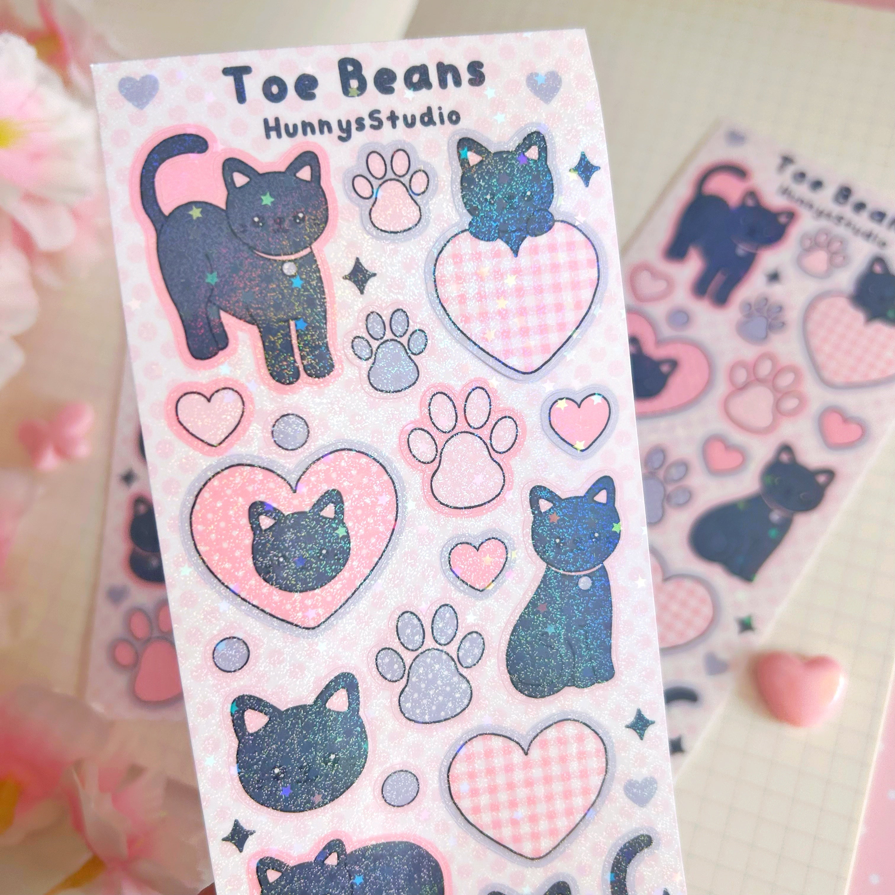 Toe beans, black kitty vinyl holographic sticker sheet